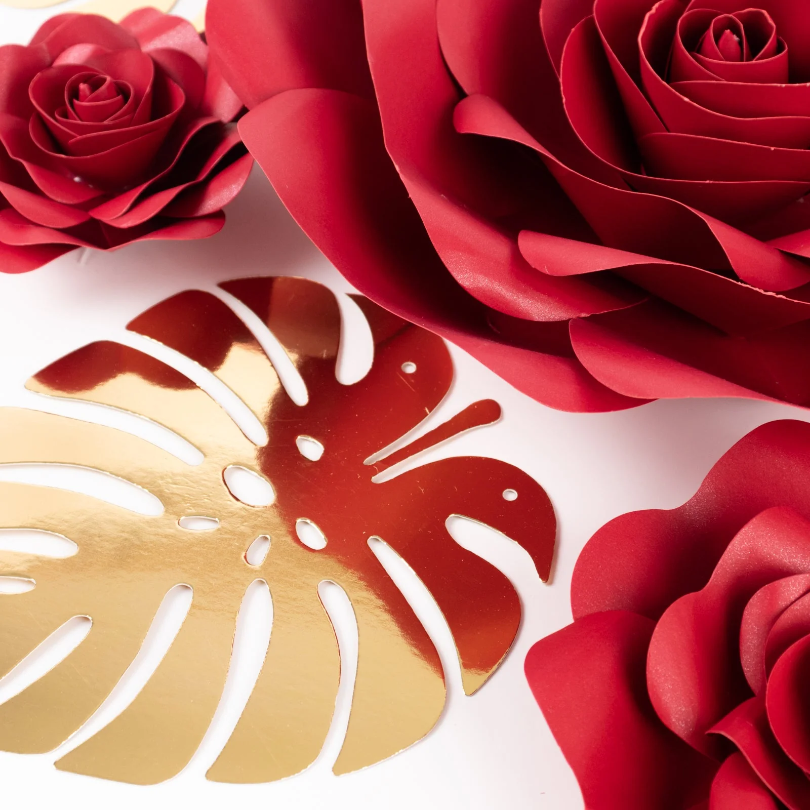 Set of 9 Red 3D Rose Paper Flowers with Gold Monstera Leaves, Nursery Flower Backdrop Hanging Wall Decor - Image 7