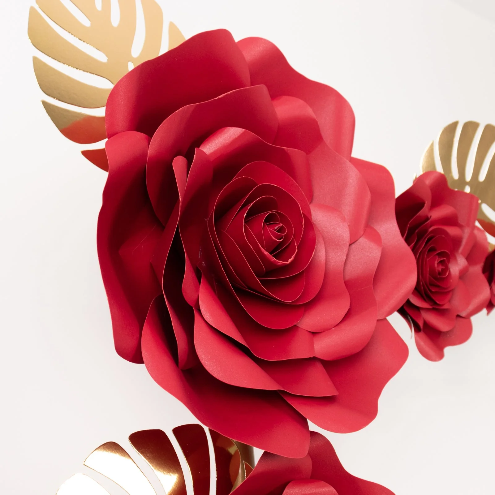 Set of 9 Red 3D Rose Paper Flowers with Gold Monstera Leaves, Nursery Flower Backdrop Hanging Wall Decor - Image 8