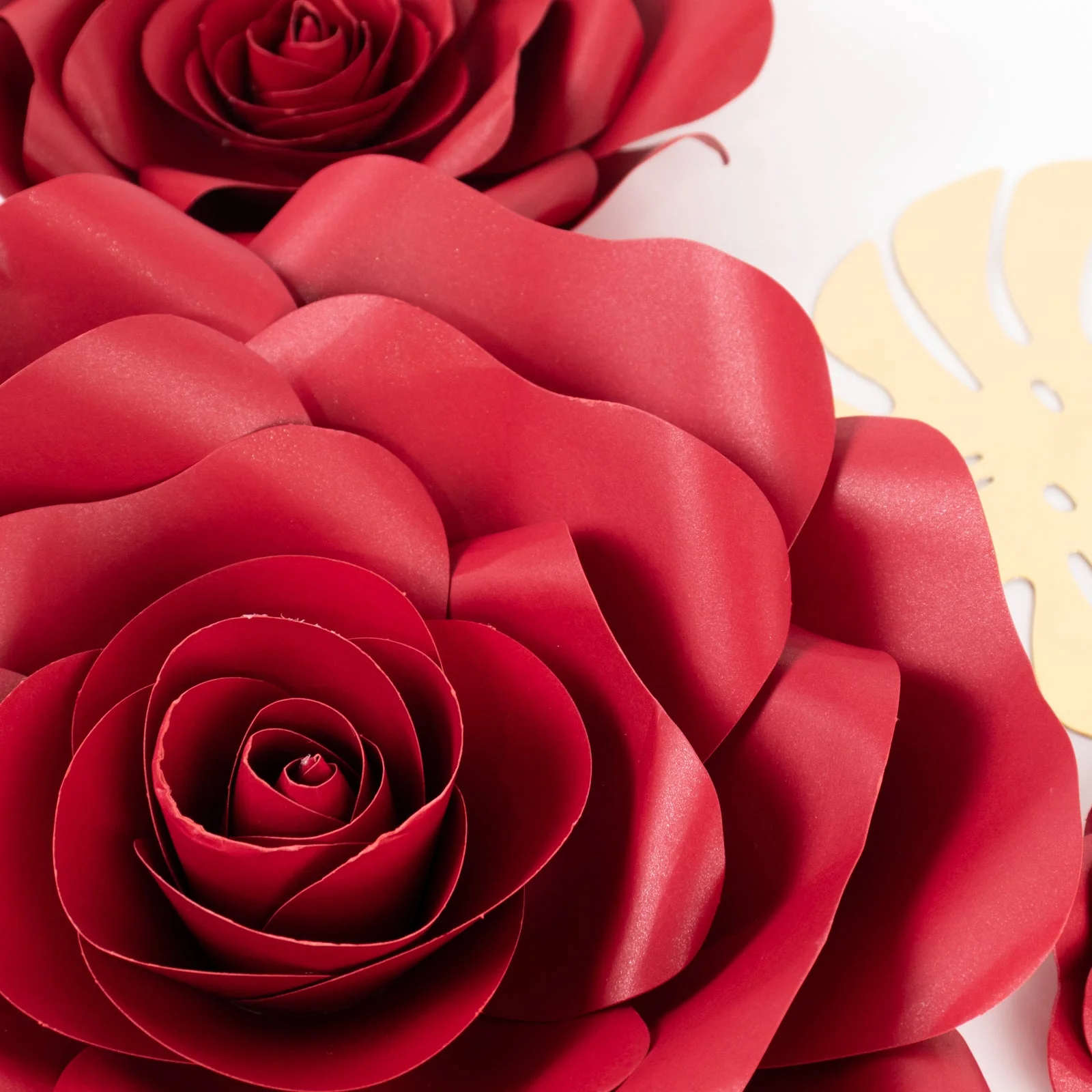 Set of 9 Red 3D Rose Paper Flowers with Gold Monstera Leaves, Nursery Flower Backdrop Hanging Wall Decor - Image 9