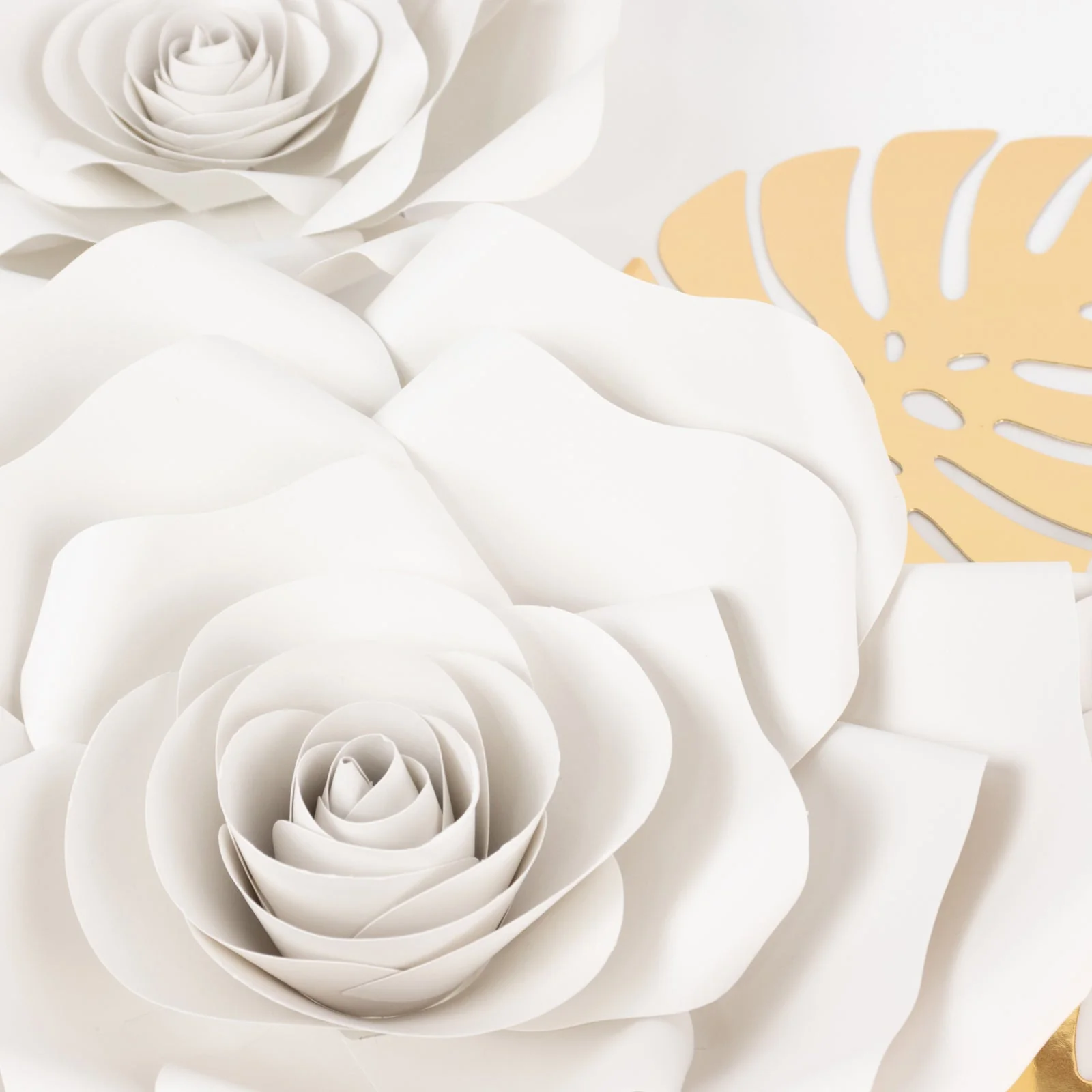 Set of 9 White 3D Rose Paper Flowers with Gold Monstera Leaves, Nursery Flower Backdrop Hanging Wall Decor - Image 10
