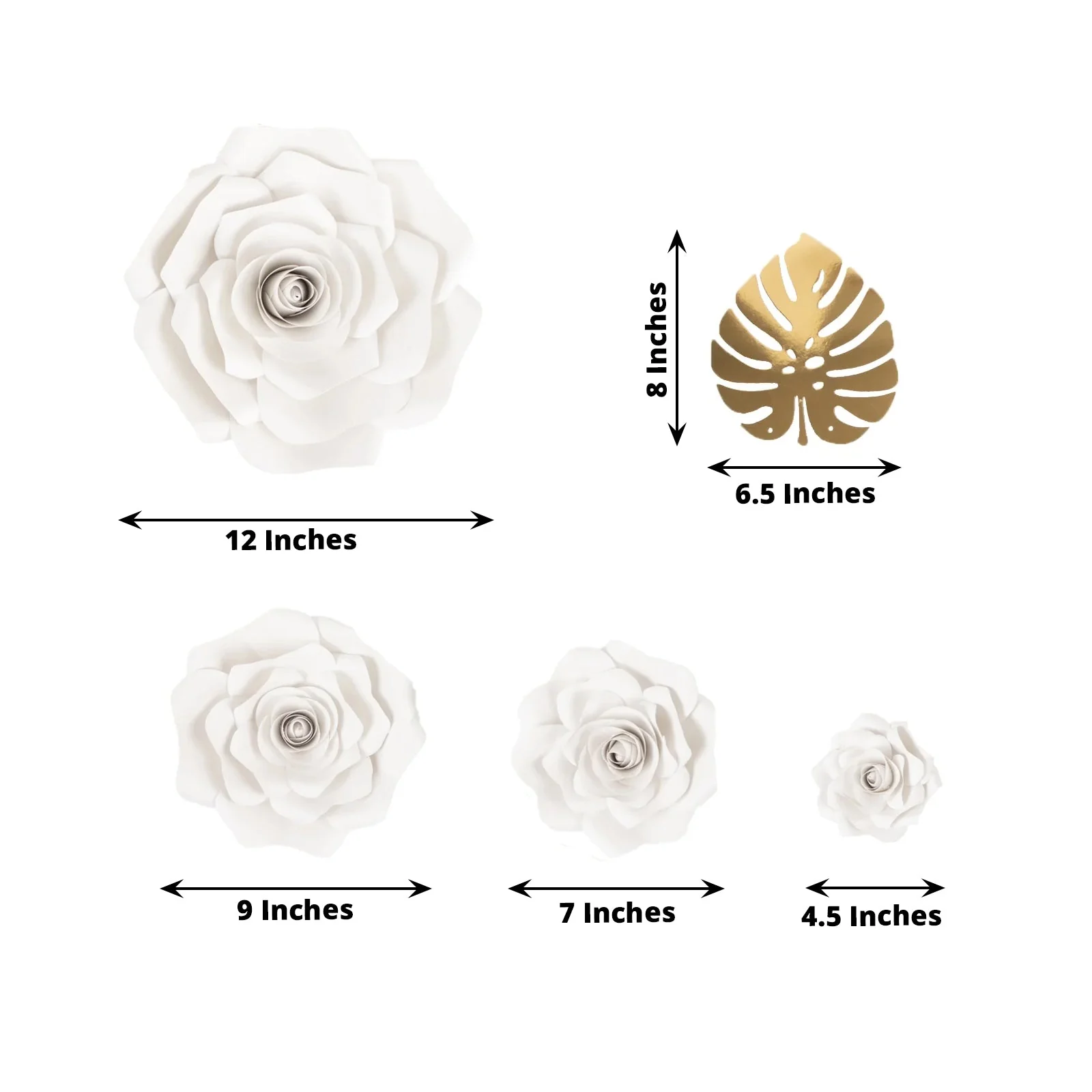 Set of 9 White 3D Rose Paper Flowers with Gold Monstera Leaves, Nursery Flower Backdrop Hanging Wall Decor - Image 3