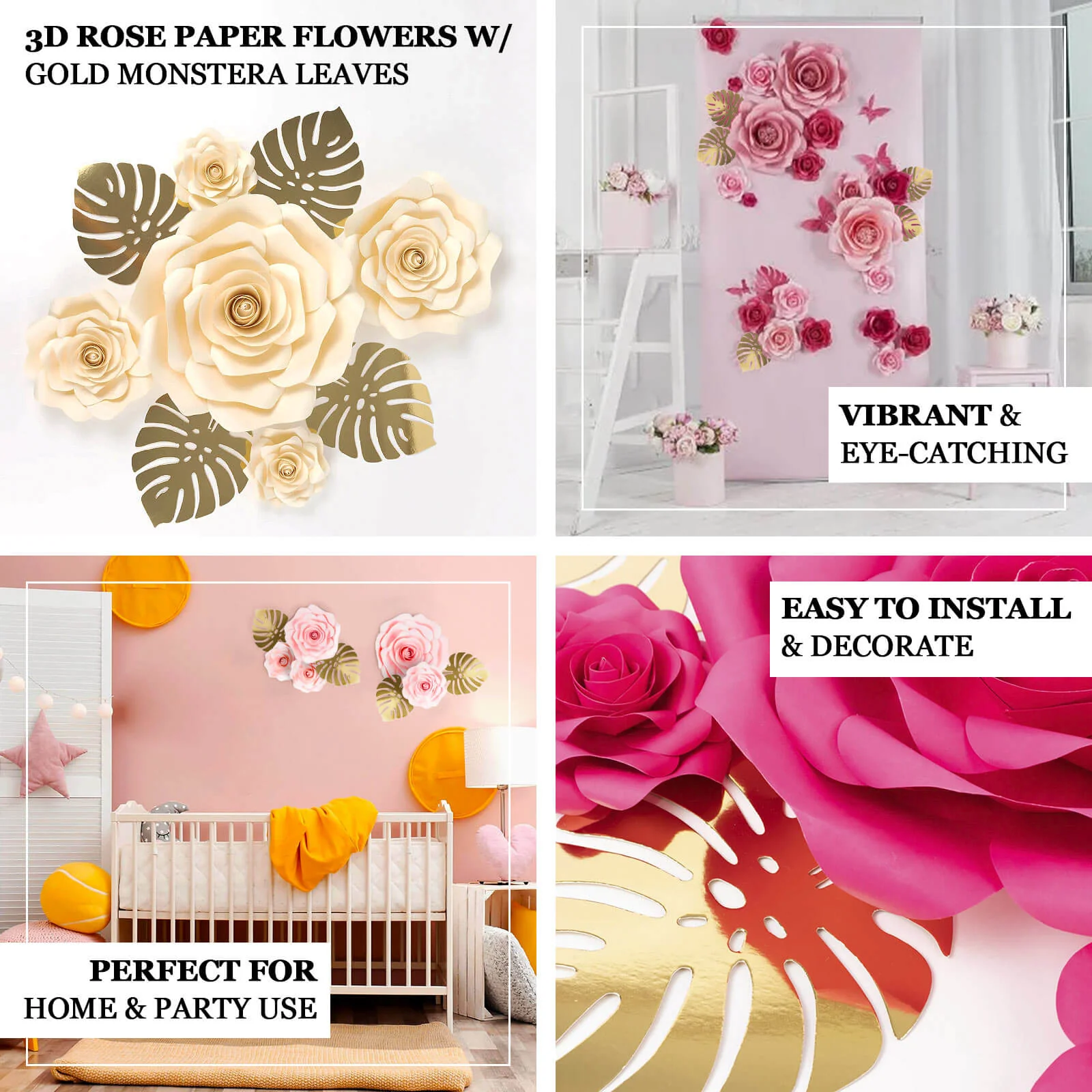 Set of 9 White 3D Rose Paper Flowers with Gold Monstera Leaves, Nursery Flower Backdrop Hanging Wall Decor - Image 4