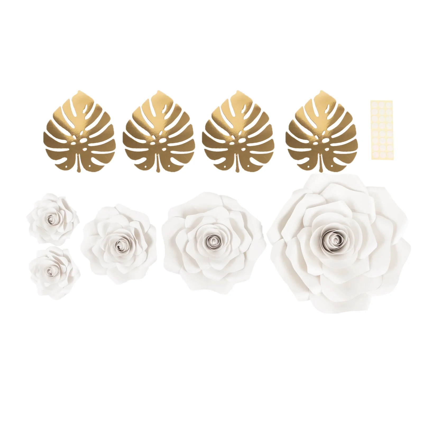 Set of 9 White 3D Rose Paper Flowers with Gold Monstera Leaves, Nursery Flower Backdrop Hanging Wall Decor - Image 7