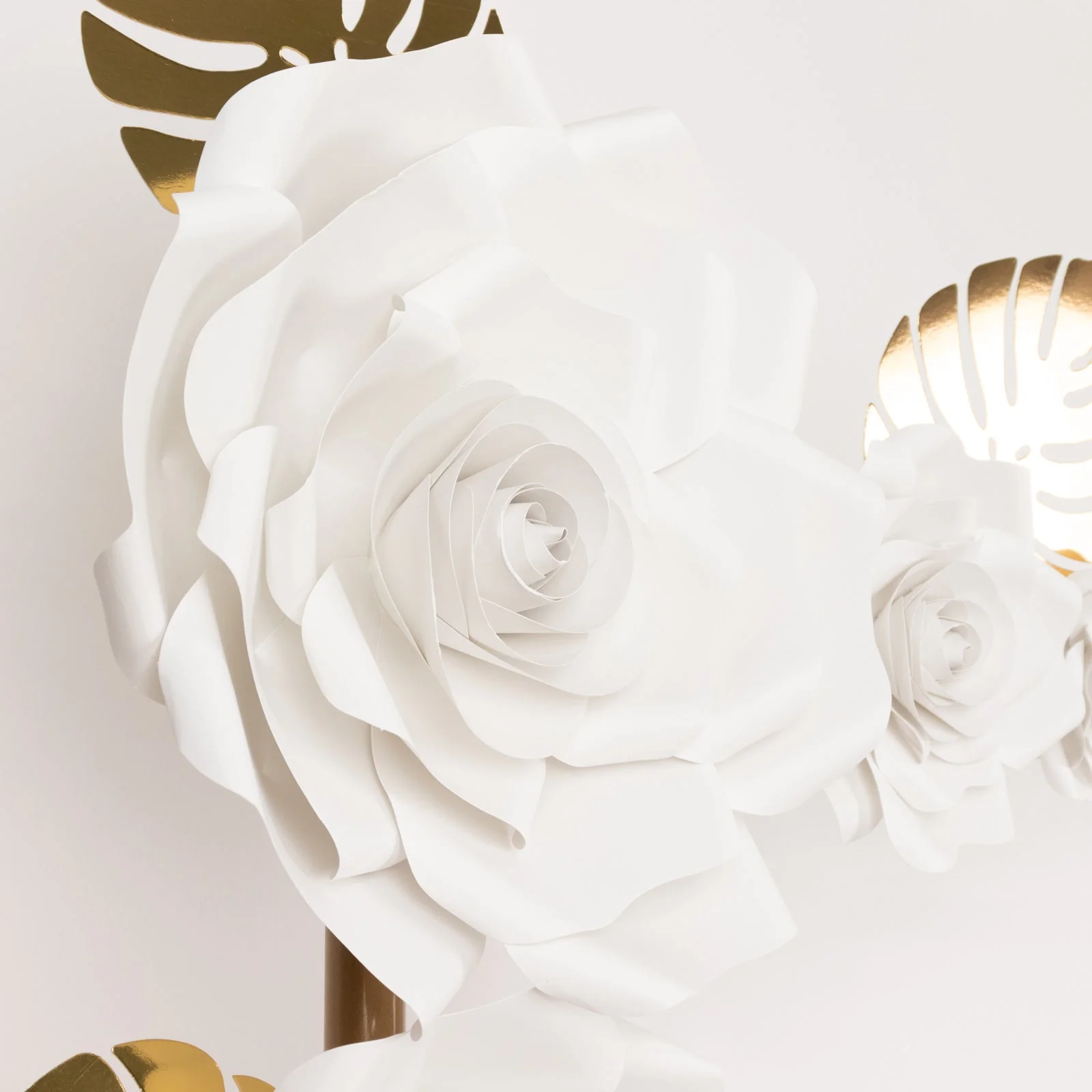 Set of 9 White 3D Rose Paper Flowers with Gold Monstera Leaves, Nursery Flower Backdrop Hanging Wall Decor - Image 9