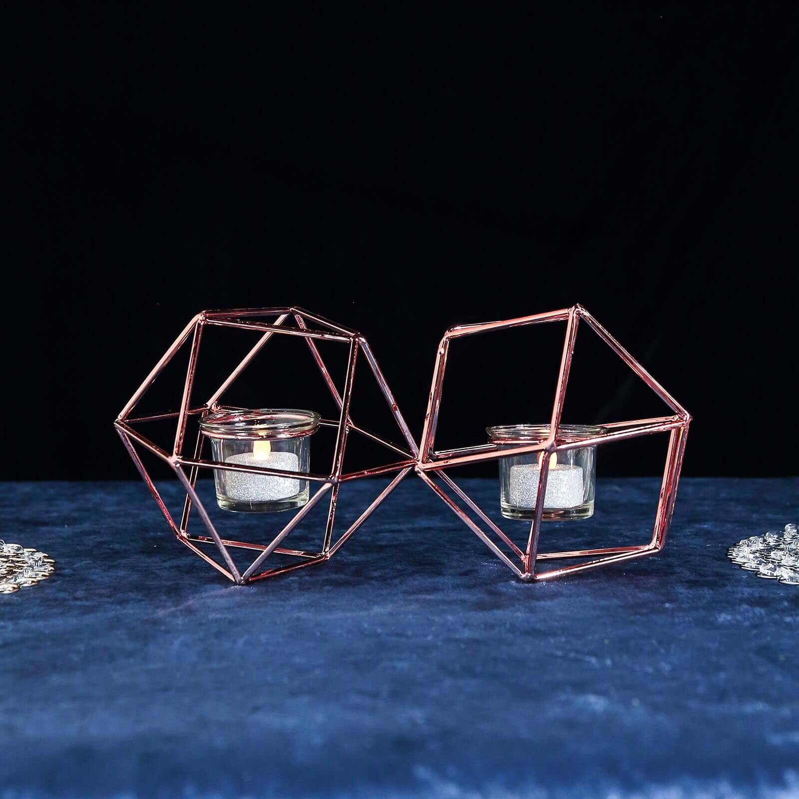 Set of Metal Candle Holders 11" Linked Geometric Design Rose Gold - Sleek Votive Glass Centerpieces for Weddings & Events - Image 17