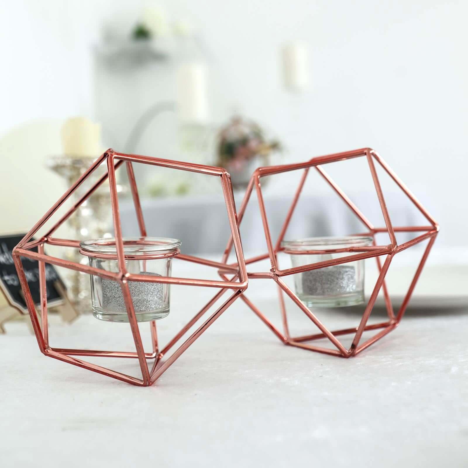 Set of Metal Candle Holders 11" Linked Geometric Design Rose Gold - Sleek Votive Glass Centerpieces for Weddings & Events - Image 2