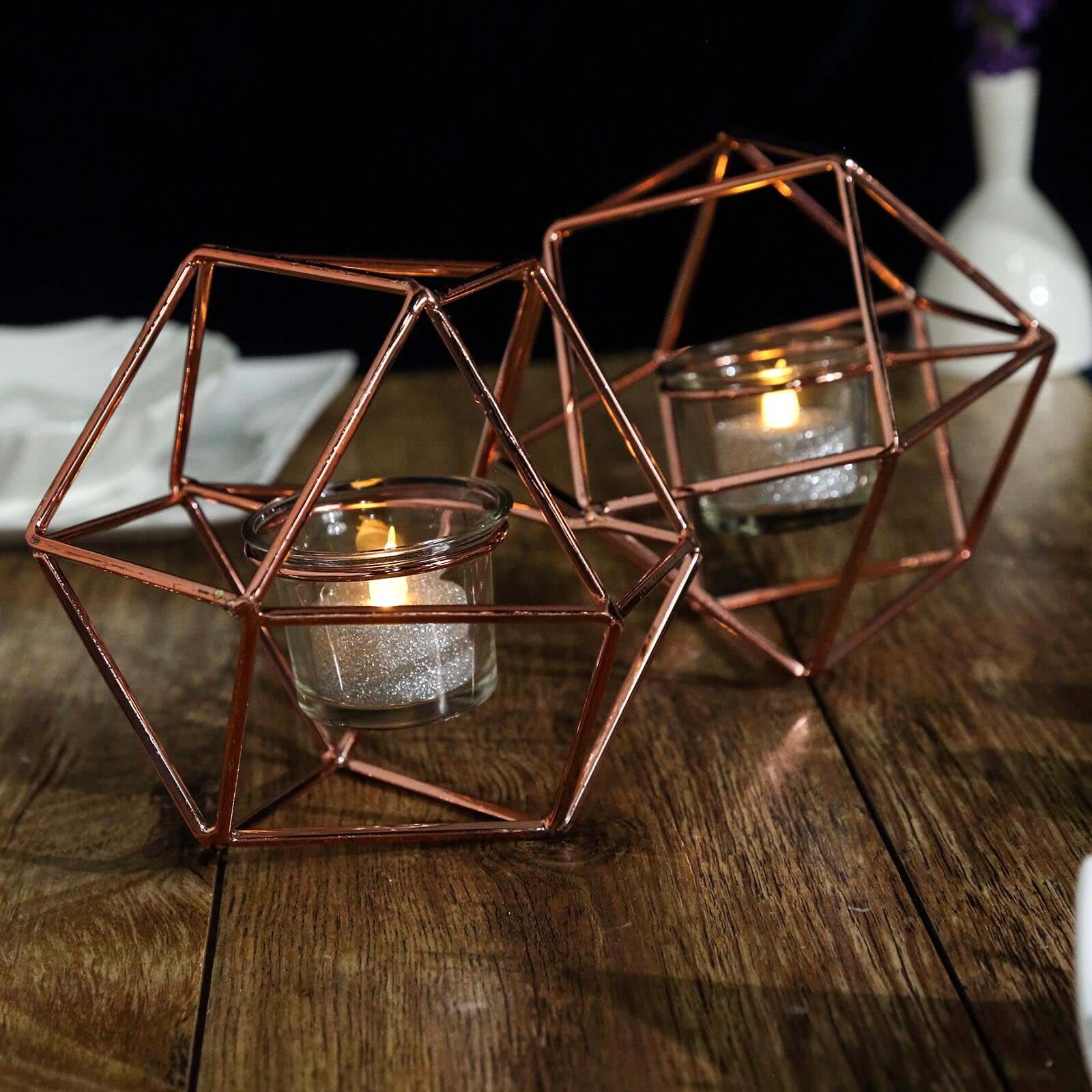 Set of Metal Candle Holders 11" Linked Geometric Design Rose Gold - Sleek Votive Glass Centerpieces for Weddings & Events - Image 6