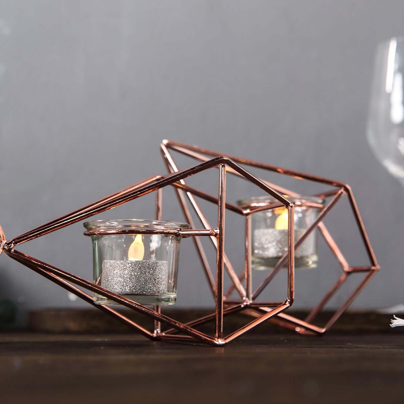 Set of Metal Candle Holders 16" Linked Geometric Design Rose Gold - Stylish Centerpieces with Votive Glass for Weddings & Events - Image 10