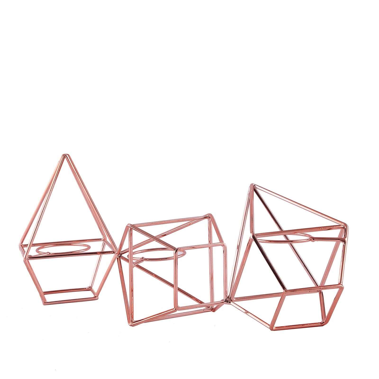 Set of Metal Candle Holders 16" Linked Geometric Design Rose Gold - Stylish Centerpieces with Votive Glass for Weddings & Events - Image 13