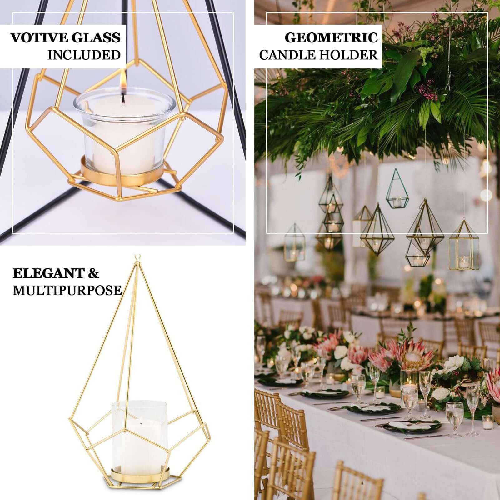 Set of Metal Candle Holders 16" Linked Geometric Design Rose Gold - Stylish Centerpieces with Votive Glass for Weddings & Events - Image 17
