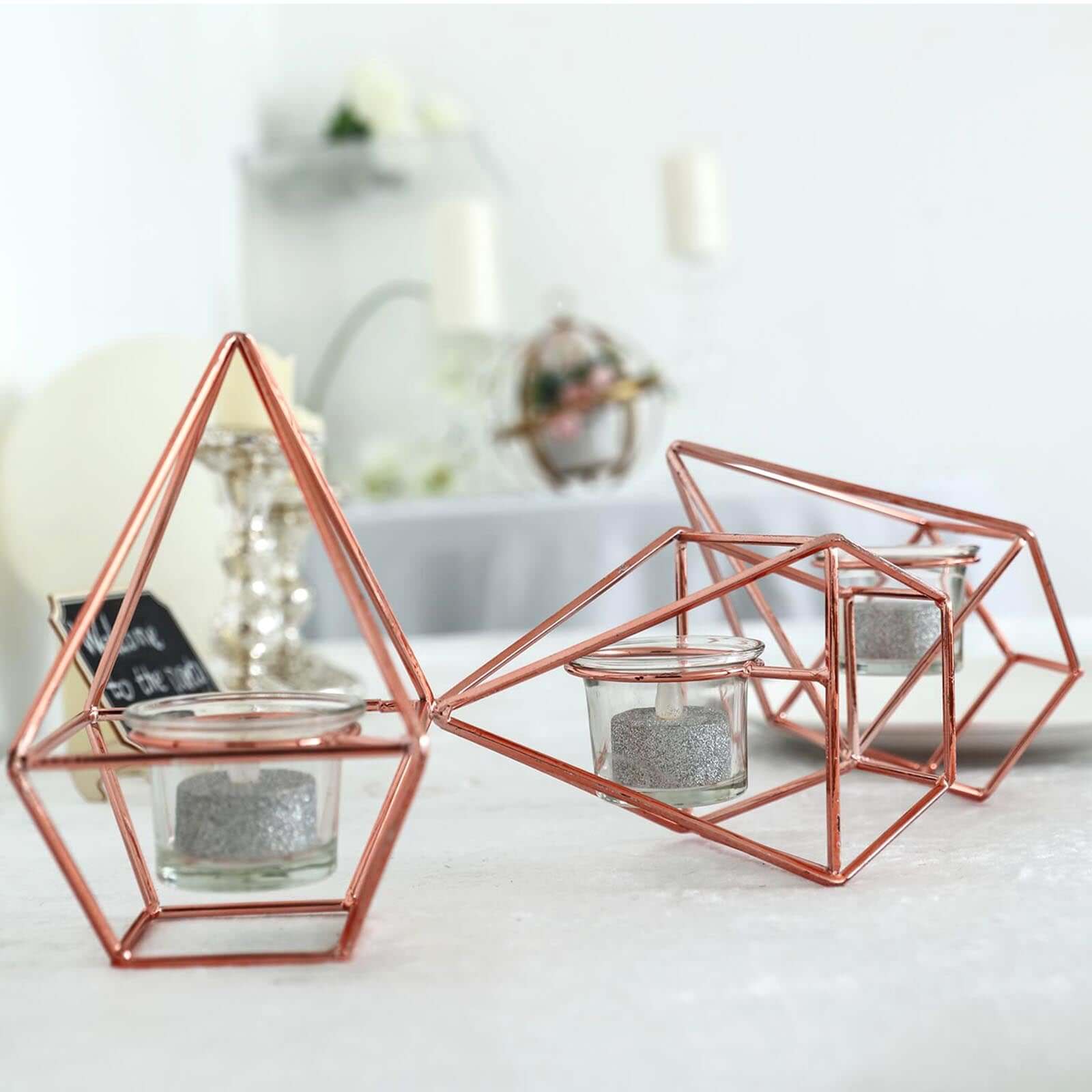 Set of Metal Candle Holders 16" Linked Geometric Design Rose Gold - Stylish Centerpieces with Votive Glass for Weddings & Events - Image 2