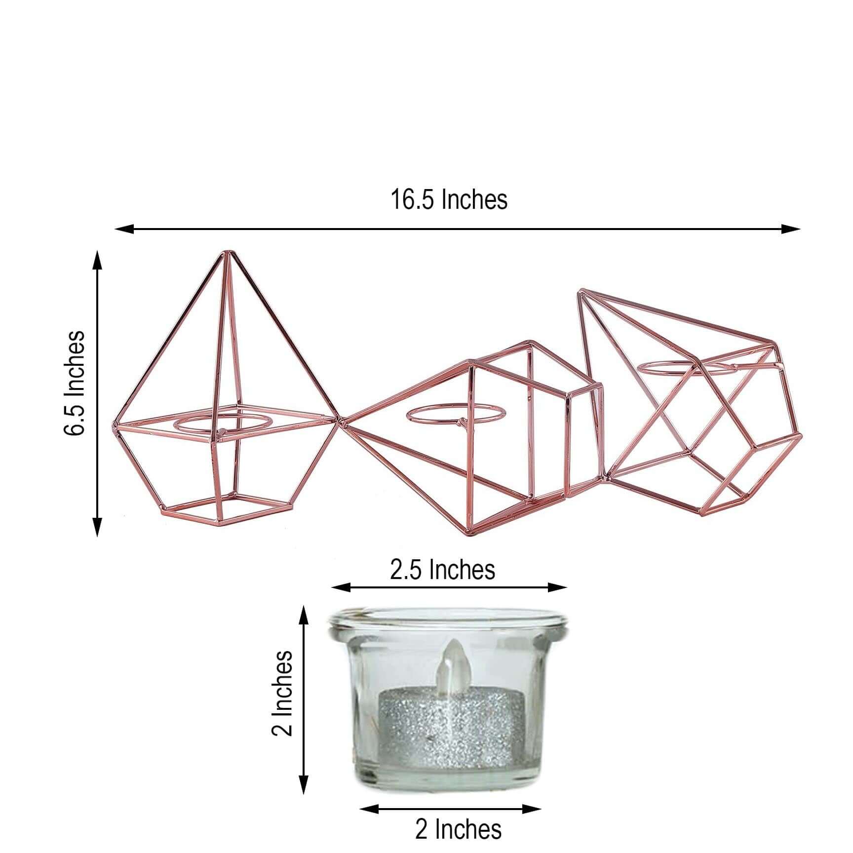 Set of Metal Candle Holders 16" Linked Geometric Design Rose Gold - Stylish Centerpieces with Votive Glass for Weddings & Events - Image 3