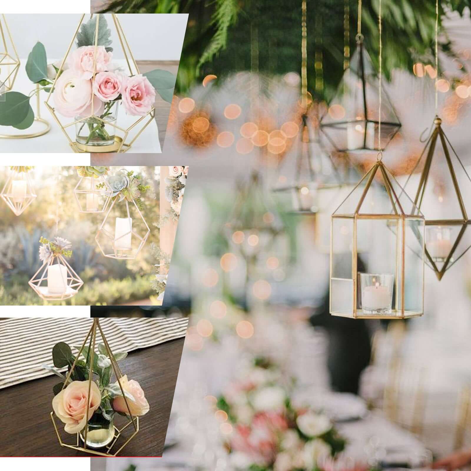 Set of Metal Candle Holders 16" Linked Geometric Design Rose Gold - Stylish Centerpieces with Votive Glass for Weddings & Events - Image 5
