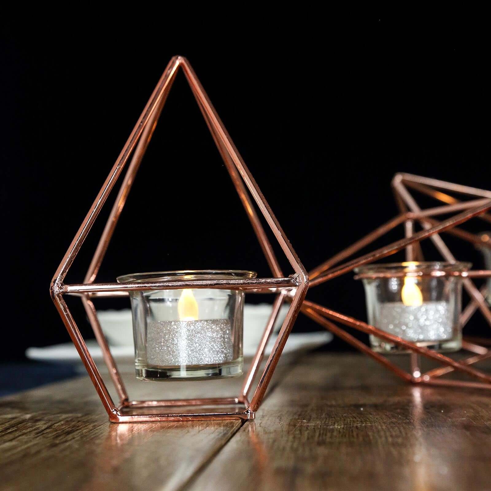 Set of Metal Candle Holders 16" Linked Geometric Design Rose Gold - Stylish Centerpieces with Votive Glass for Weddings & Events - Image 6