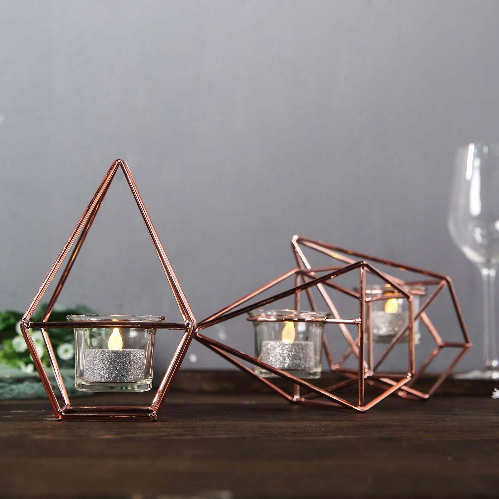 Set of Metal Candle Holders 16" Linked Geometric Design Rose Gold - Stylish Centerpieces with Votive Glass for Weddings & Events - Image 9