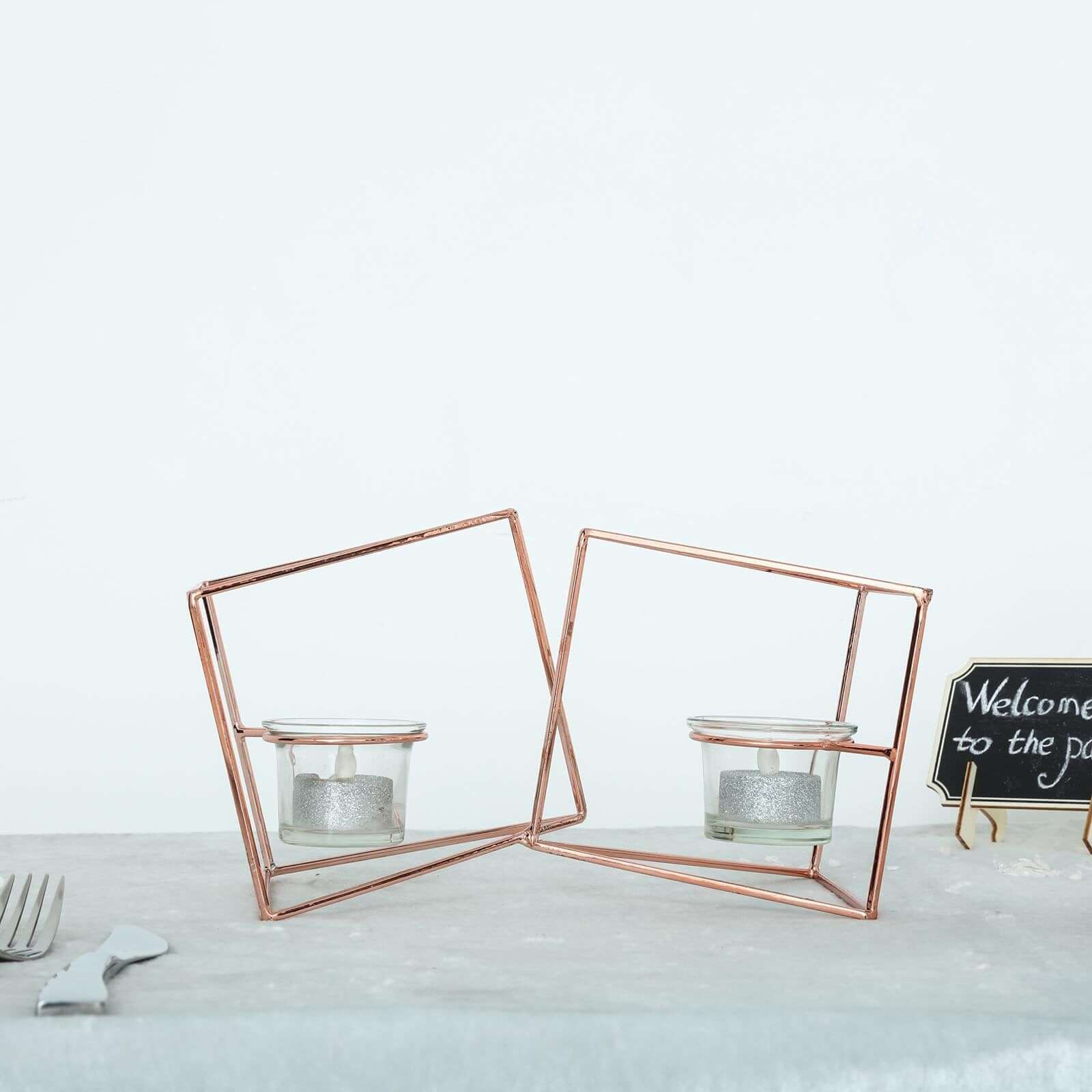 Set of Metal Candle Holders 9" Linked Geometric Design Rose Gold - Trendy Table Centerpieces with Votive Glass for Weddings - Image 10
