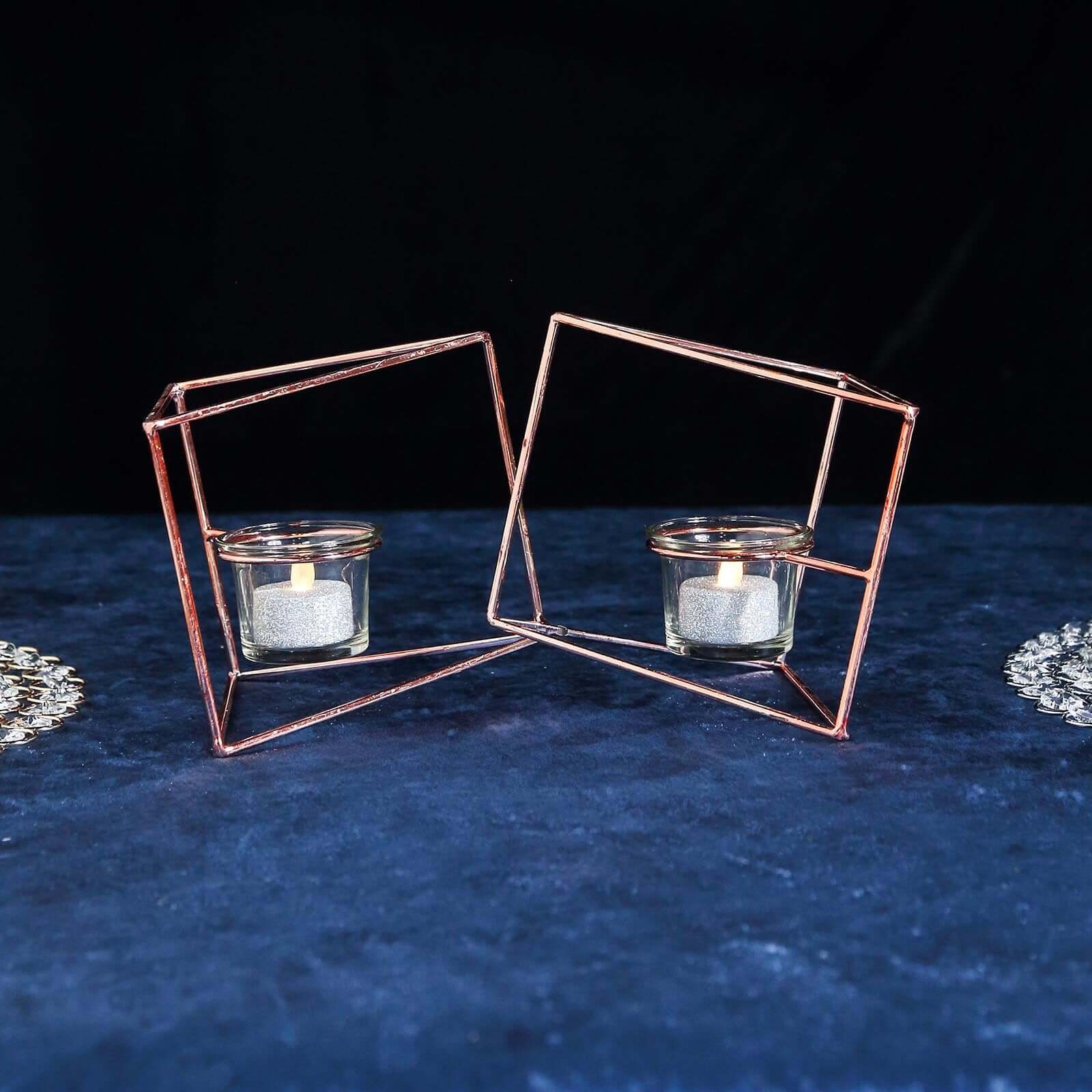 Set of Metal Candle Holders 9" Linked Geometric Design Rose Gold - Trendy Table Centerpieces with Votive Glass for Weddings - Image 11