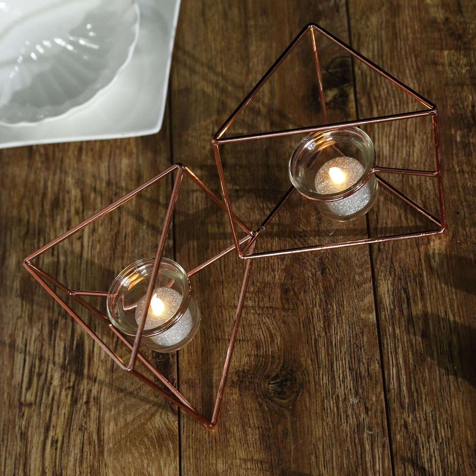 Set of Metal Candle Holders 9" Linked Geometric Design Rose Gold - Trendy Table Centerpieces with Votive Glass for Weddings - Image 12