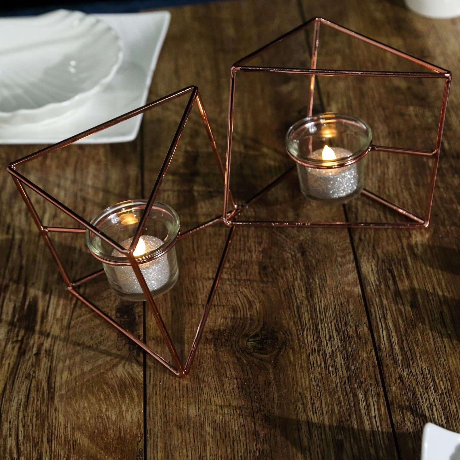 Set of Metal Candle Holders 9" Linked Geometric Design Rose Gold - Trendy Table Centerpieces with Votive Glass for Weddings - Image 13