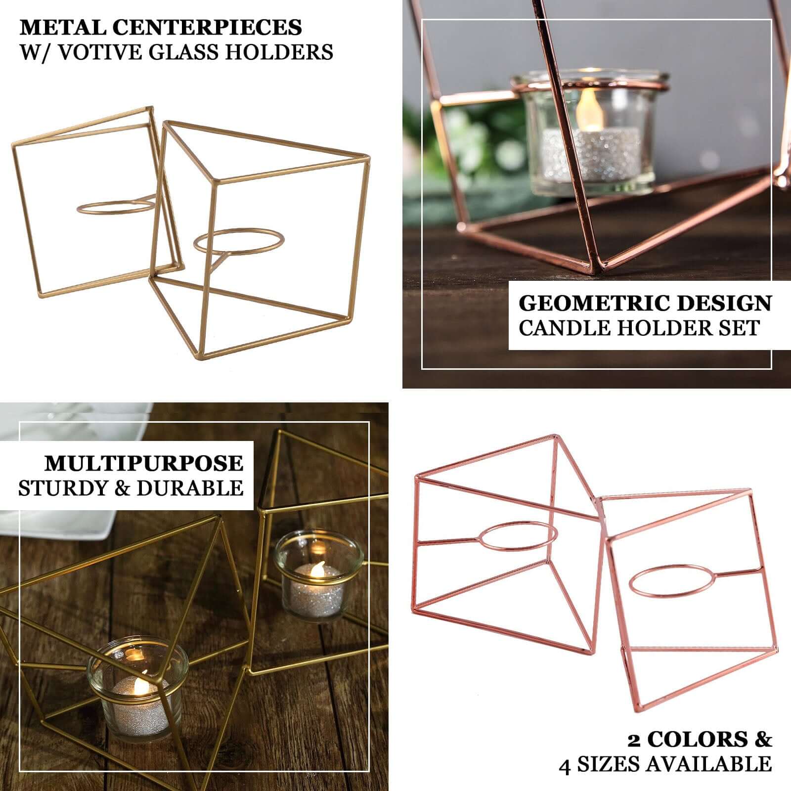 Set of Metal Candle Holders 9" Linked Geometric Design Rose Gold - Trendy Table Centerpieces with Votive Glass for Weddings - Image 4