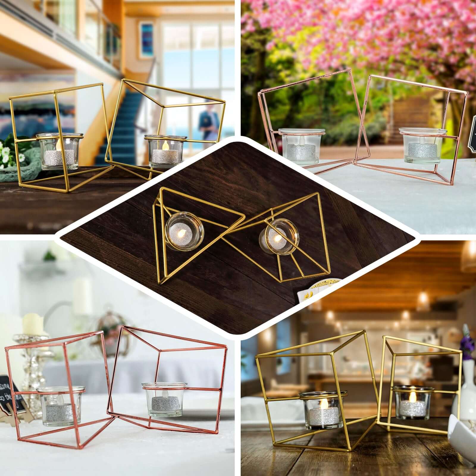 Set of Metal Candle Holders 9" Linked Geometric Design Rose Gold - Trendy Table Centerpieces with Votive Glass for Weddings - Image 5