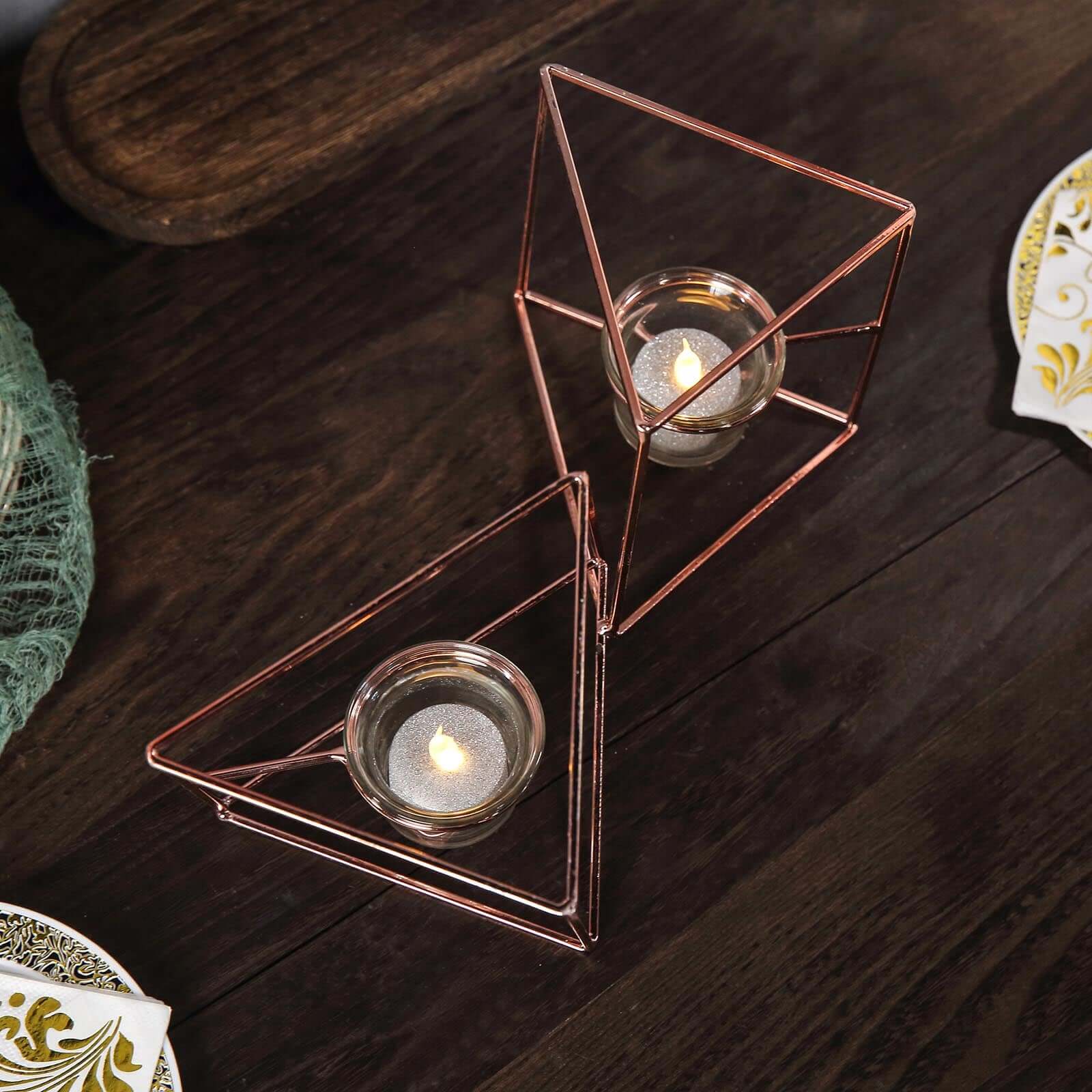 Set of Metal Candle Holders 9" Linked Geometric Design Rose Gold - Trendy Table Centerpieces with Votive Glass for Weddings - Image 6