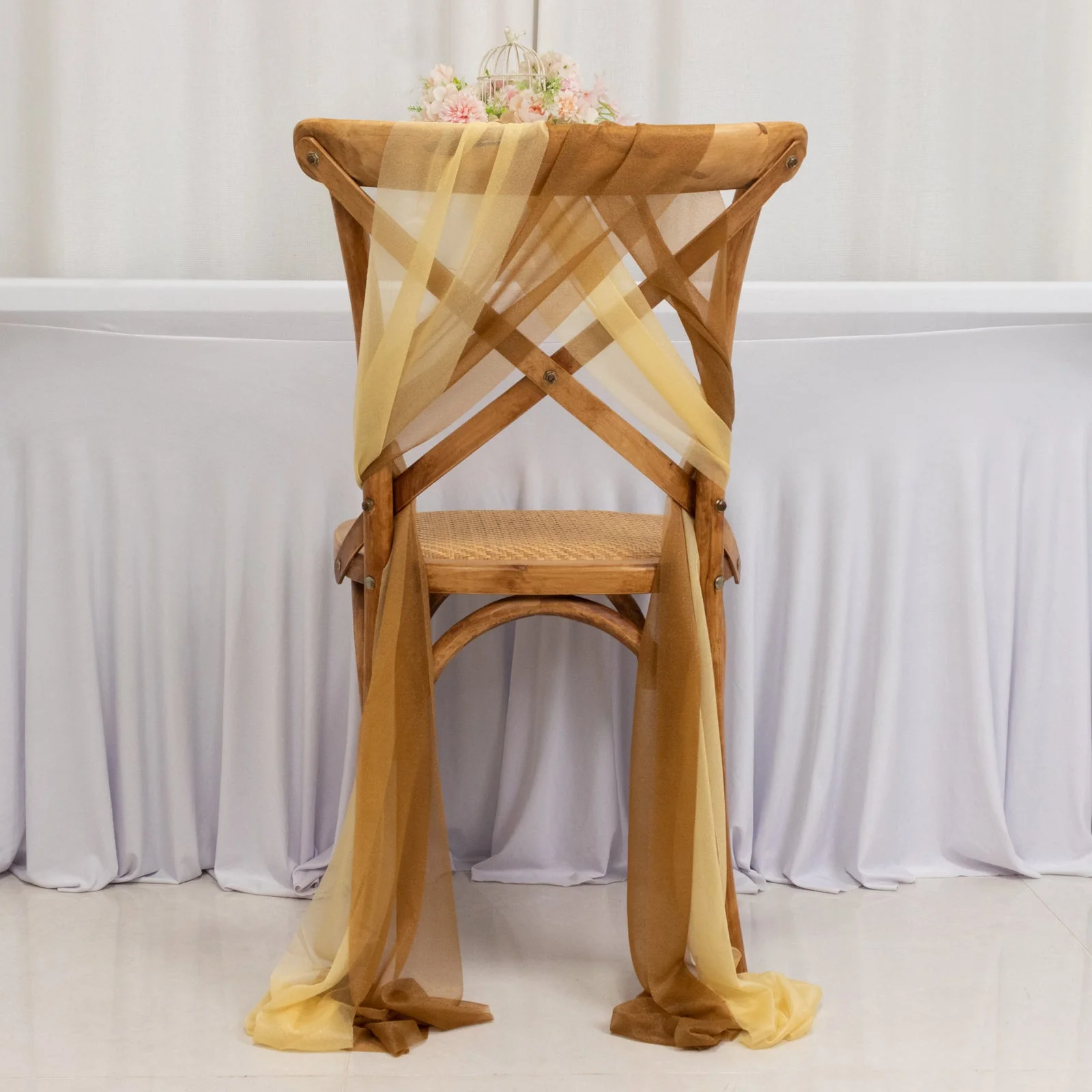 20-Pack Sheer Chair Sash in Champagne Gold, 9ft Long Shimmer Sheer Drape Chair Decor Set, Wrinkle-Free