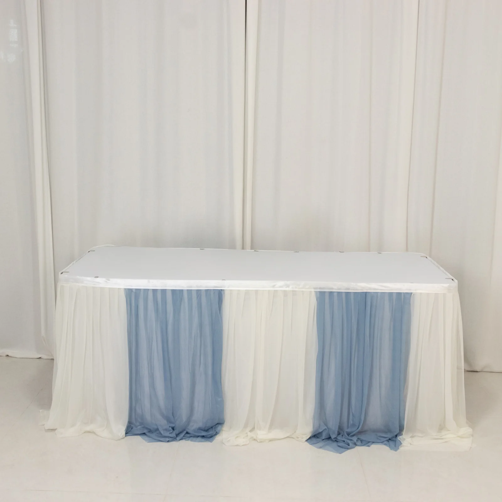 Sheer Chiffon Table Skirt 14ft Dusty Blue and Ivory – Pleated Ruffle Skirting with Polyester Backing, Shimmer Sheer, Wrinkle-Free Fabric