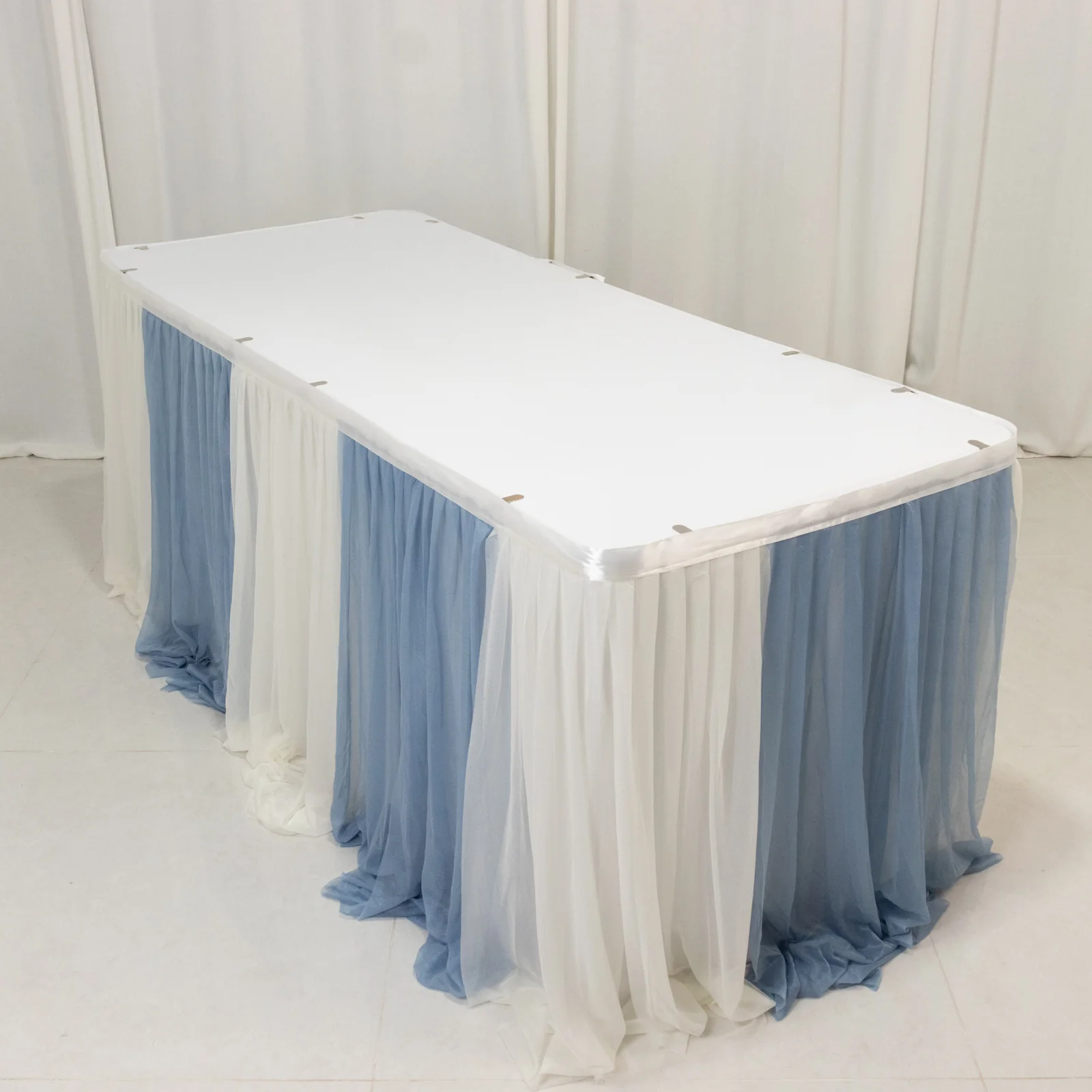 Sheer Chiffon Table Skirt 14ft Dusty Blue and Ivory – Pleated Ruffle Skirting with Polyester Backing, Shimmer Sheer, Wrinkle-Free Fabric - Image 3