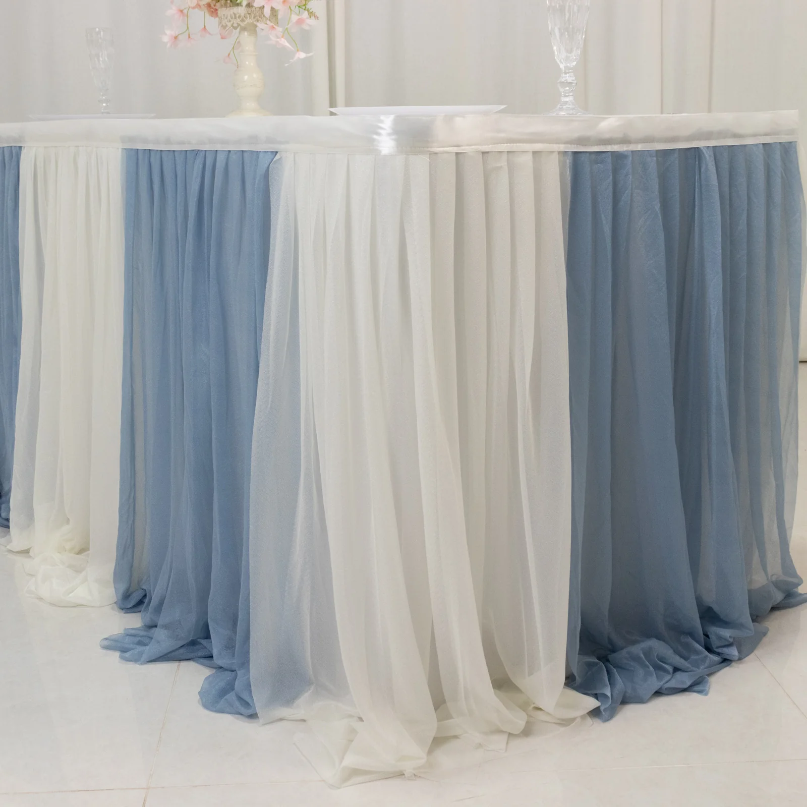 Sheer Chiffon Table Skirt 14ft Dusty Blue and Ivory – Pleated Ruffle Skirting with Polyester Backing, Shimmer Sheer, Wrinkle-Free Fabric - Image 8