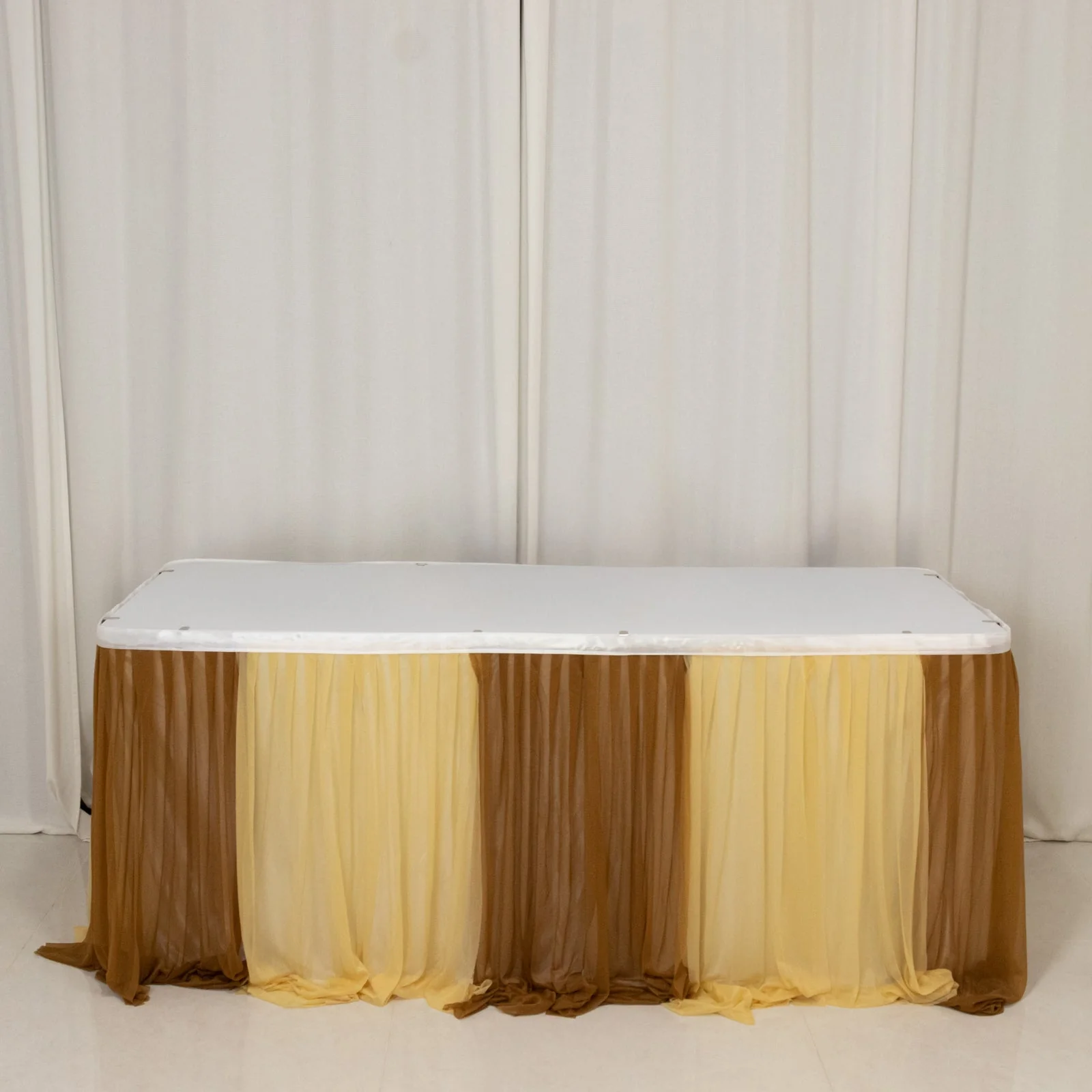 Sheer Chiffon Table Skirt 14ft Champagne and Gold – Pleated Ruffle Skirting with Polyester Backing, Shimmer Sheer, Wrinkle-Free Fabric
