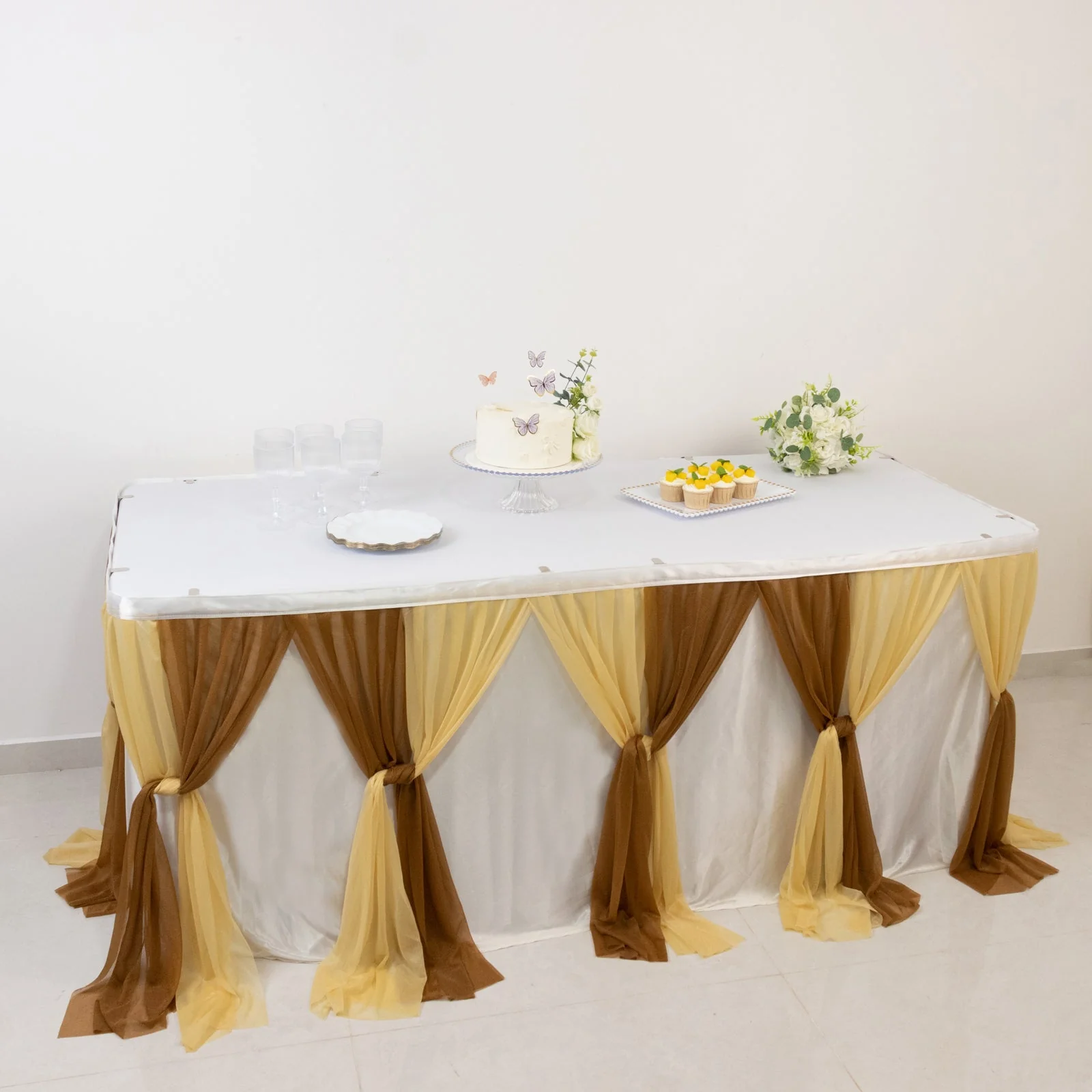Sheer Chiffon Table Skirt 14ft Champagne and Gold – Pleated Ruffle Skirting with Polyester Backing, Shimmer Sheer, Wrinkle-Free Fabric - Image 2