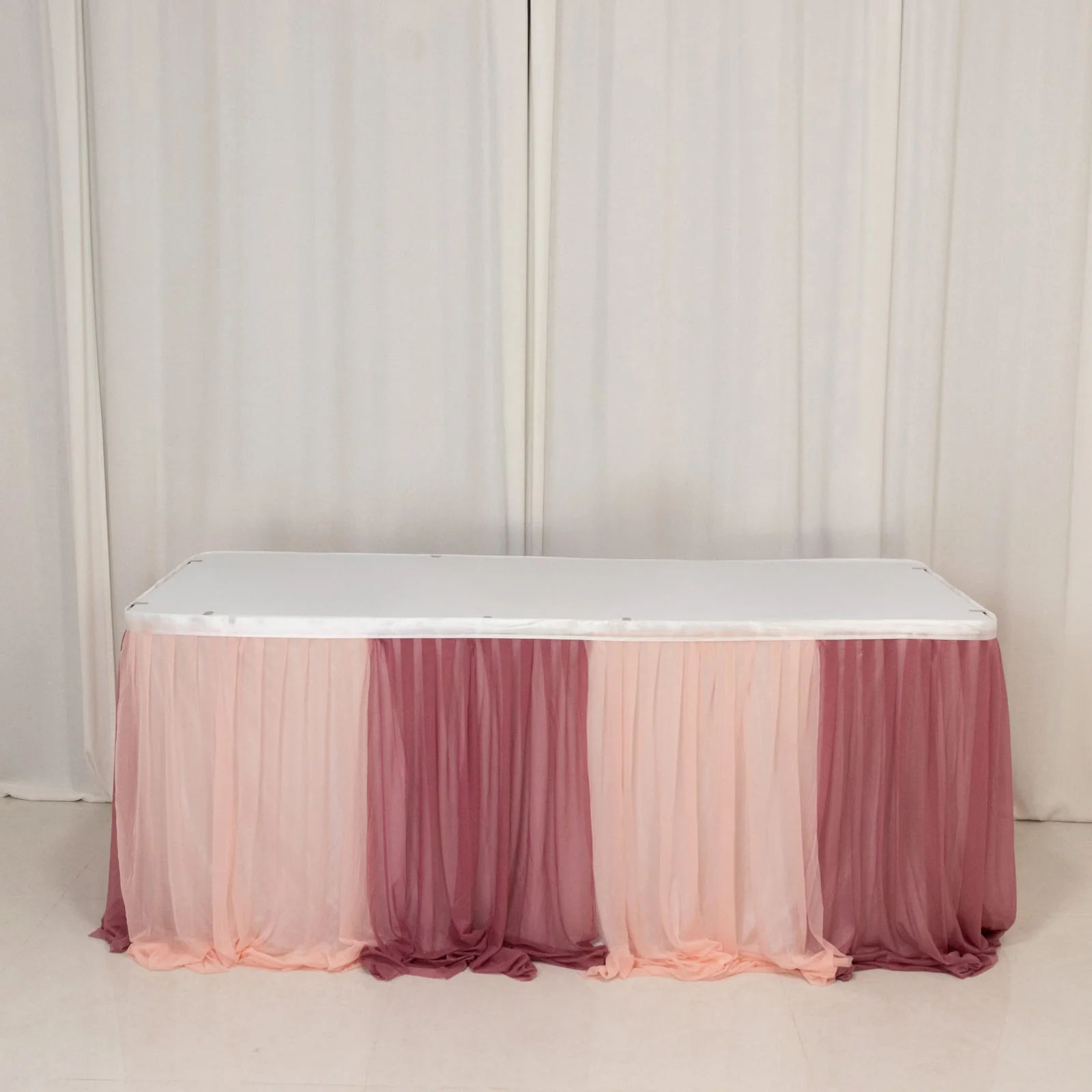 Sheer Chiffon Table Skirt 14ft Mauve and Blush – Pleated Ruffle Skirting with Polyester Backing, Shimmer Sheer, Wrinkle-Free Fabric