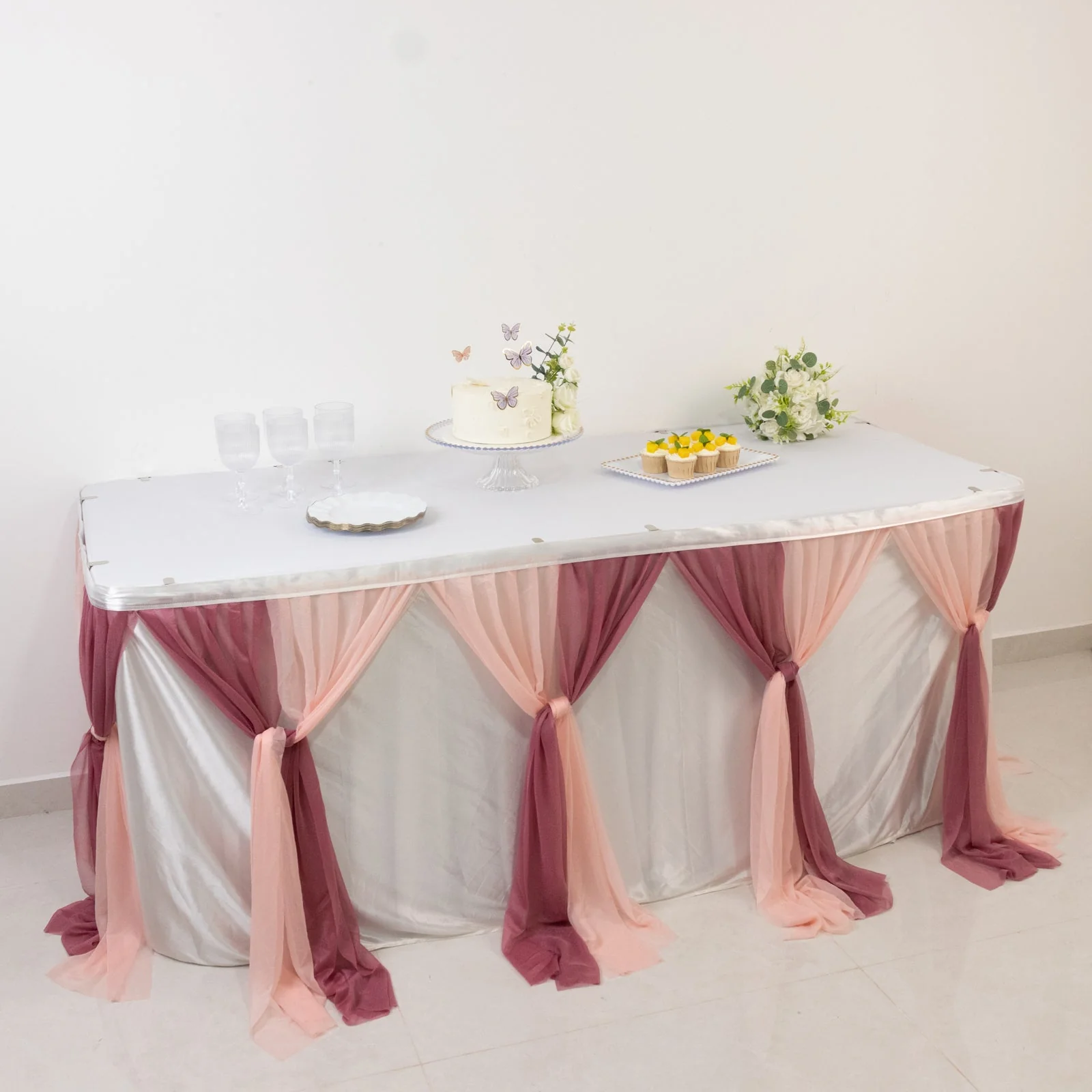 Sheer Chiffon Table Skirt 14ft Mauve and Blush – Pleated Ruffle Skirting with Polyester Backing, Shimmer Sheer, Wrinkle-Free Fabric - Image 2