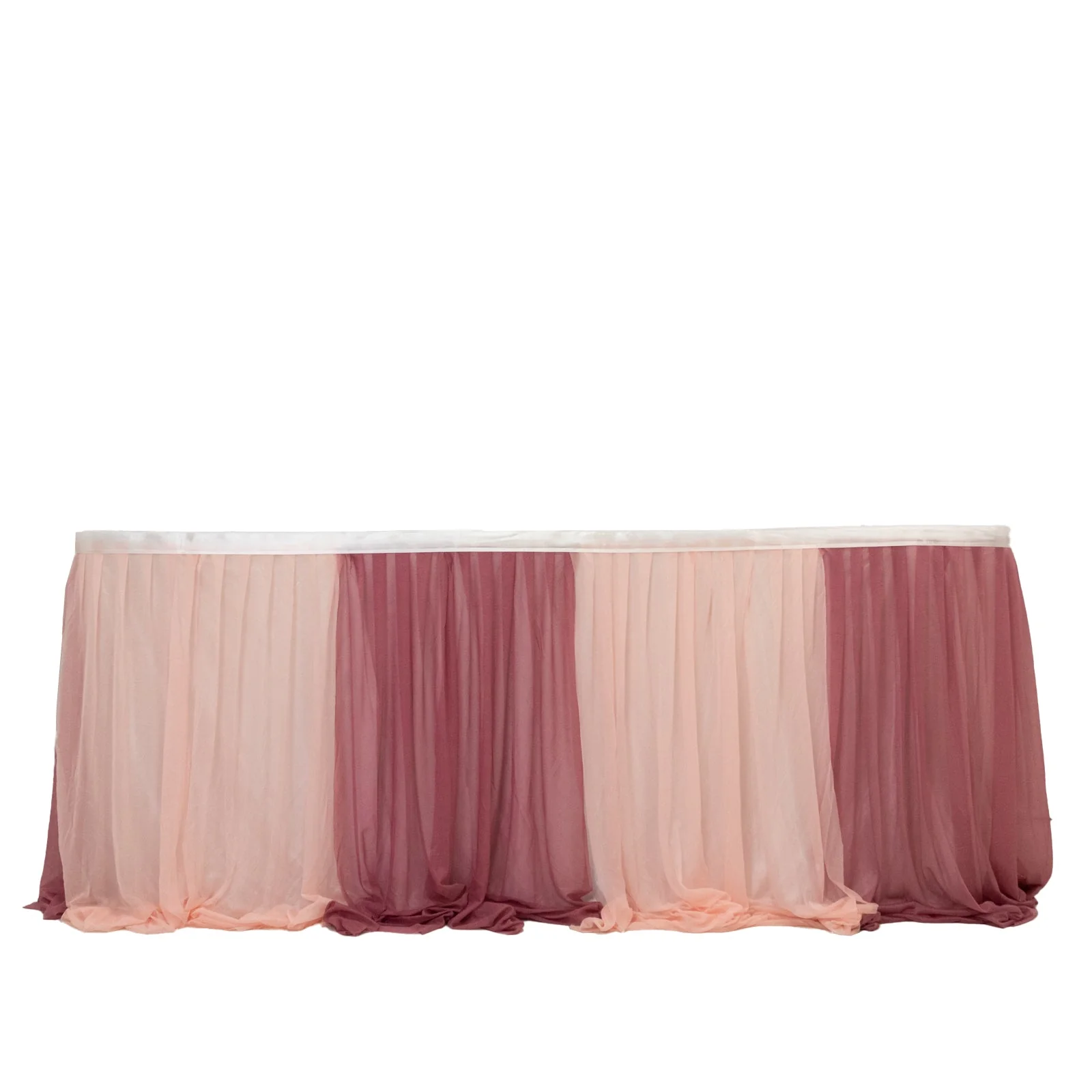 Sheer Chiffon Table Skirt 14ft Mauve and Blush – Pleated Ruffle Skirting with Polyester Backing, Shimmer Sheer, Wrinkle-Free Fabric - Image 6