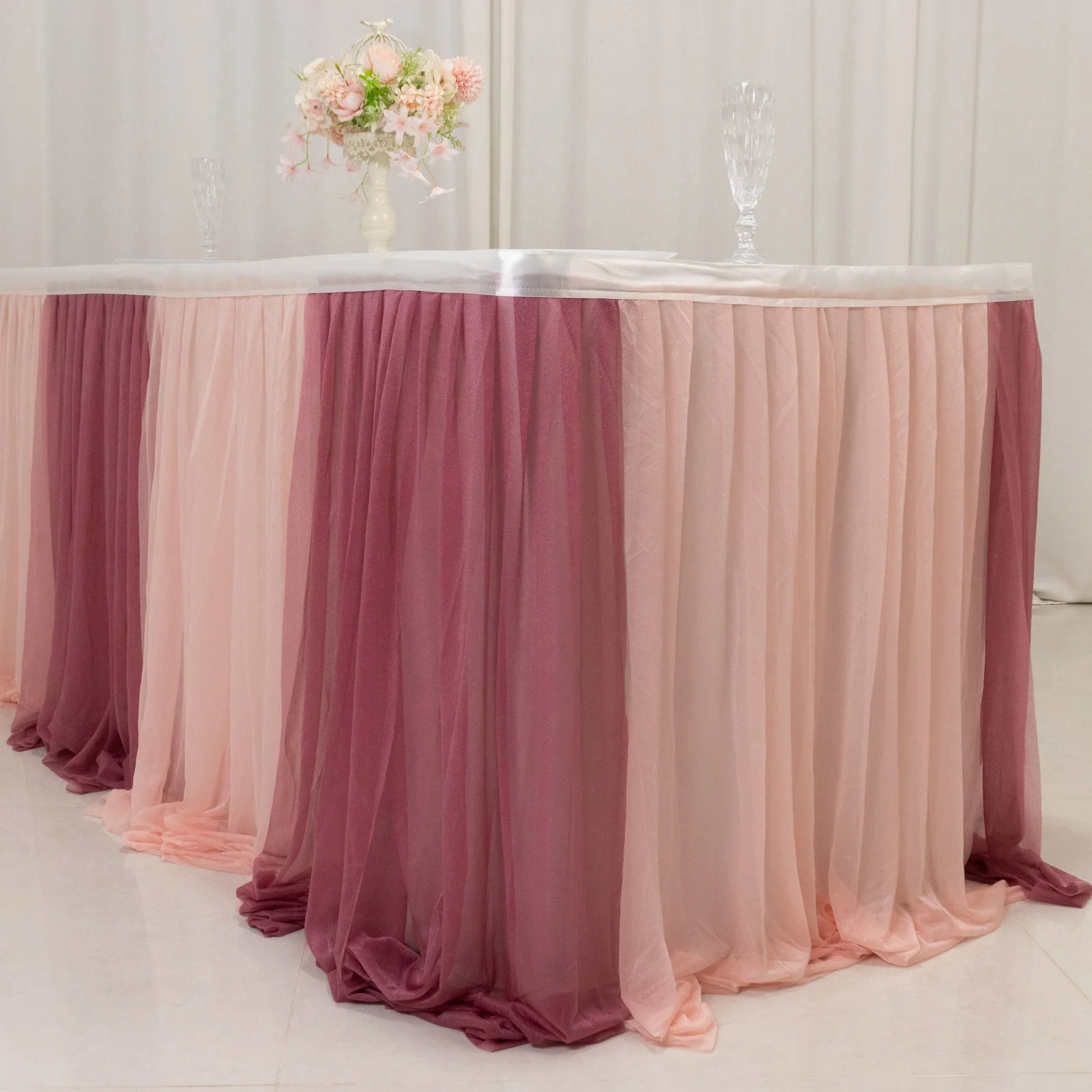 Sheer Chiffon Table Skirt 14ft Mauve and Blush – Pleated Ruffle Skirting with Polyester Backing, Shimmer Sheer, Wrinkle-Free Fabric - Image 8
