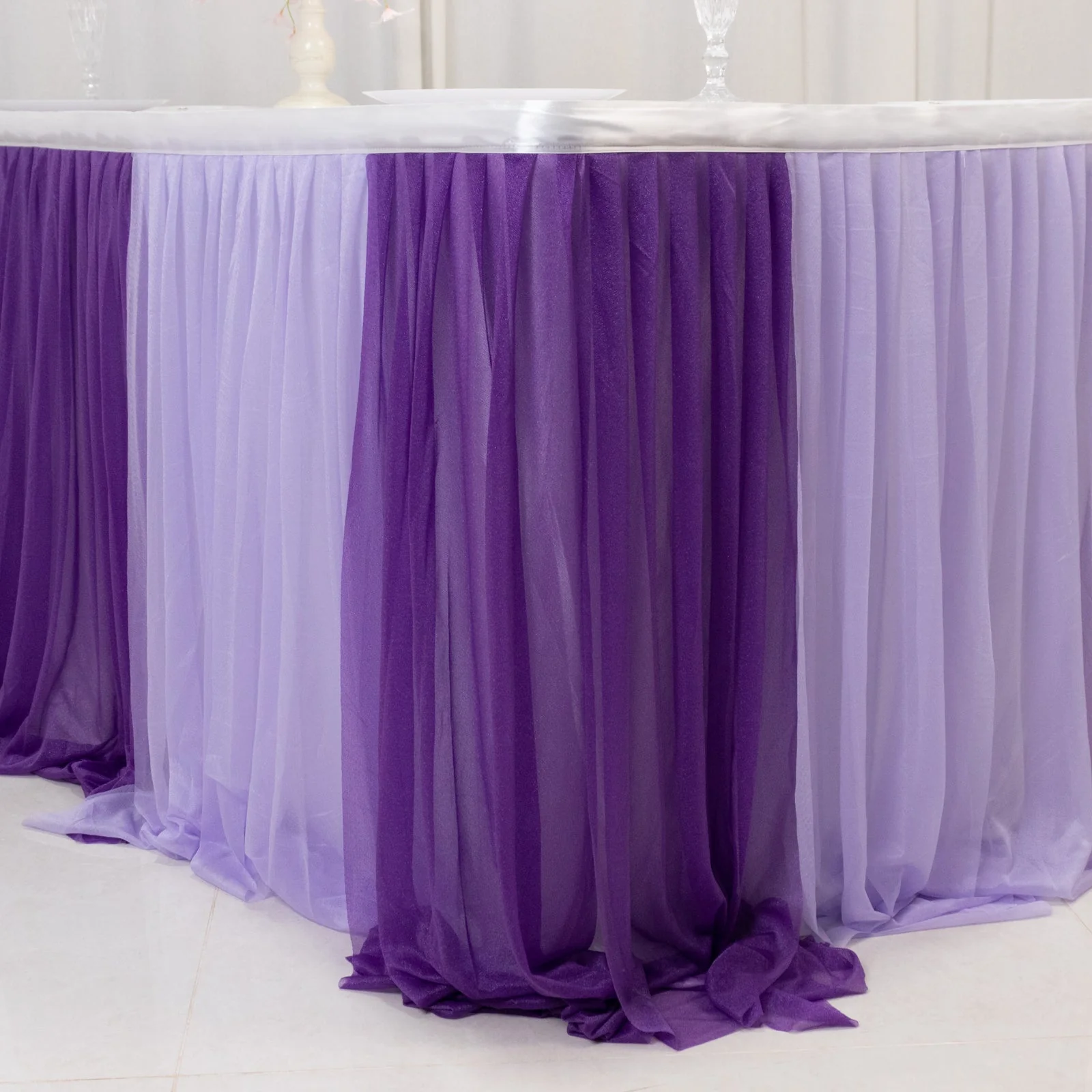 Sheer Chiffon Table Skirt 14ft Purple and Lavender – Pleated Ruffle Skirting with Polyester Backing, Shimmer Sheer, Wrinkle-Free Fabric - Image 8