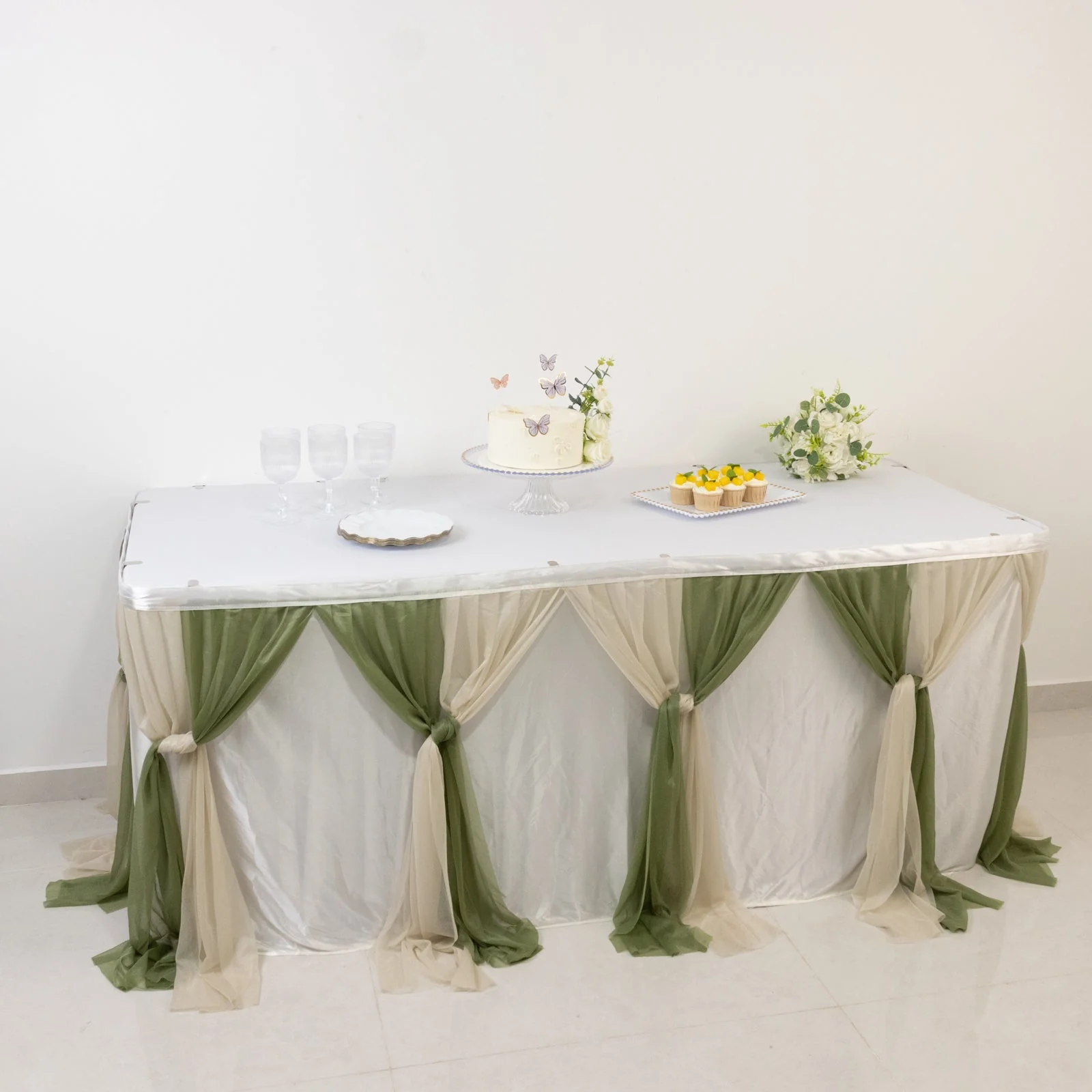 Sheer Chiffon Table Skirt 14ft Dusty Sage Green and Beige – Pleated Ruffle Skirting with Polyester Backing, Shimmer Sheer, Wrinkle-Free Fabric - Image 2