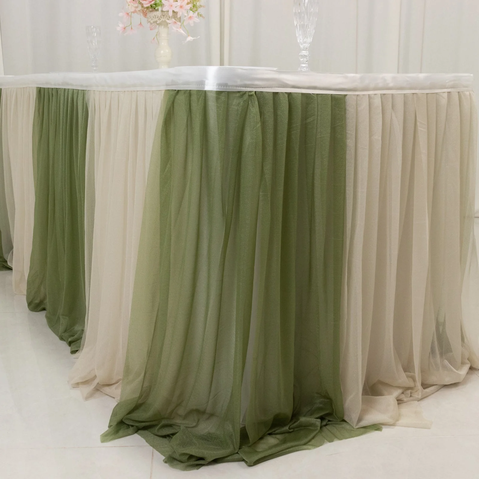 Sheer Chiffon Table Skirt 14ft Dusty Sage Green and Beige – Pleated Ruffle Skirting with Polyester Backing, Shimmer Sheer, Wrinkle-Free Fabric - Image 8