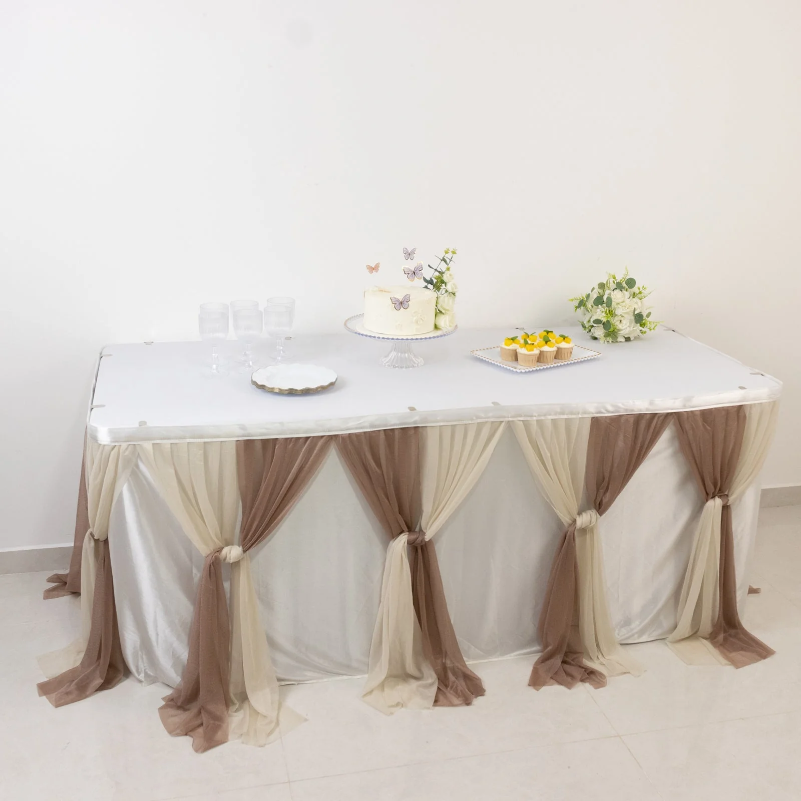 Sheer Chiffon Table Skirt 14ft Taupe and Beige – Pleated Ruffle Skirting with Polyester Backing, Shimmer Sheer, Wrinkle-Free Fabric - Image 2