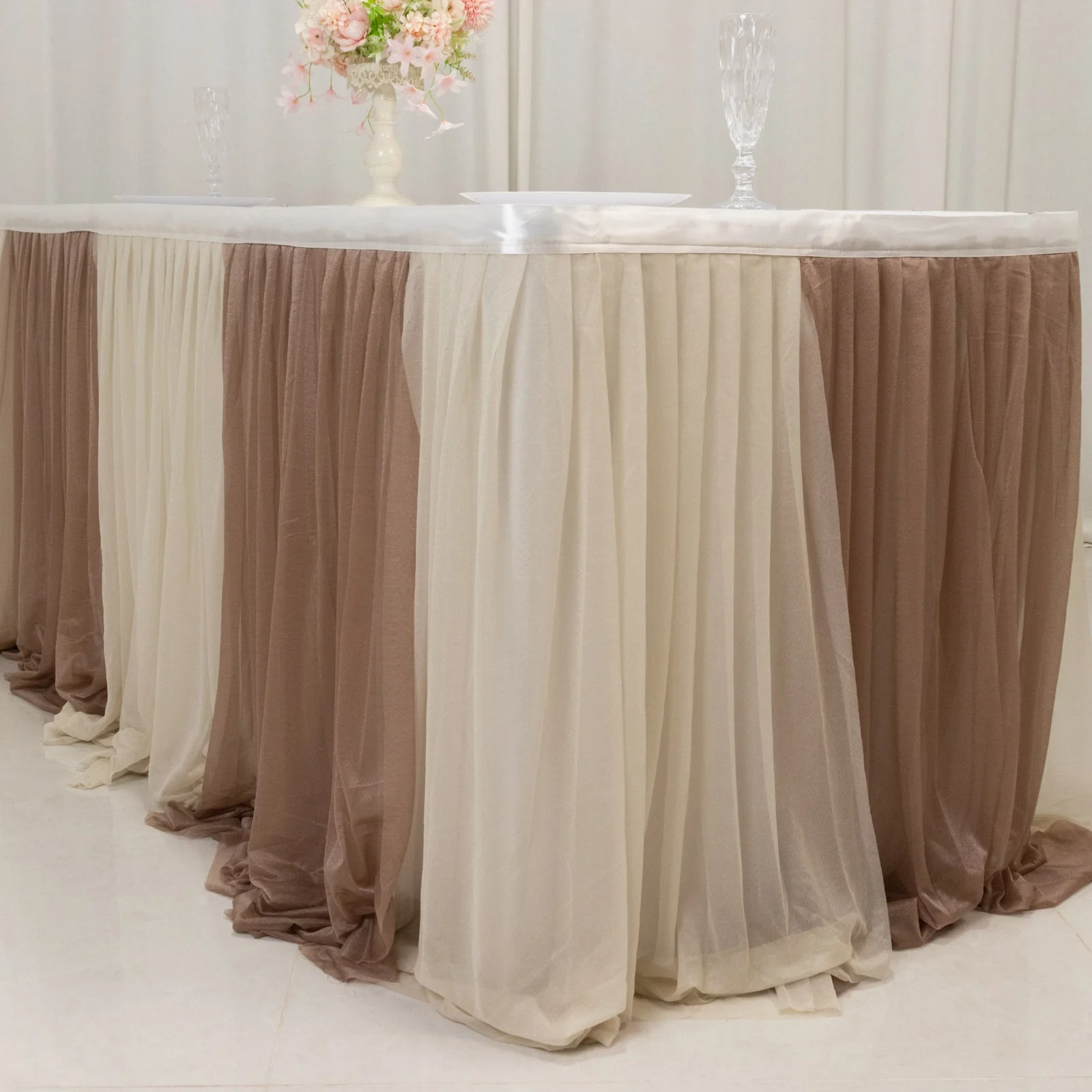 Sheer Chiffon Table Skirt 14ft Taupe and Beige – Pleated Ruffle Skirting with Polyester Backing, Shimmer Sheer, Wrinkle-Free Fabric - Image 8