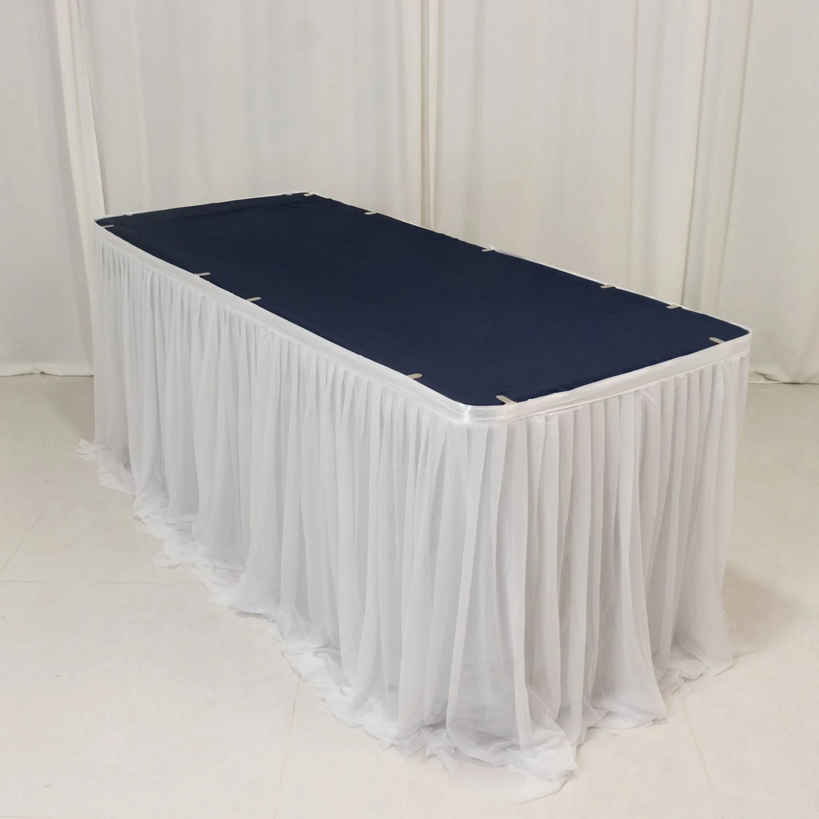 Sheer Chiffon Table Skirt 14ft White  – Pleated Ruffle Skirting with Polyester Backing, Shimmer Sheer, Wrinkle-Free Fabric - Image 3
