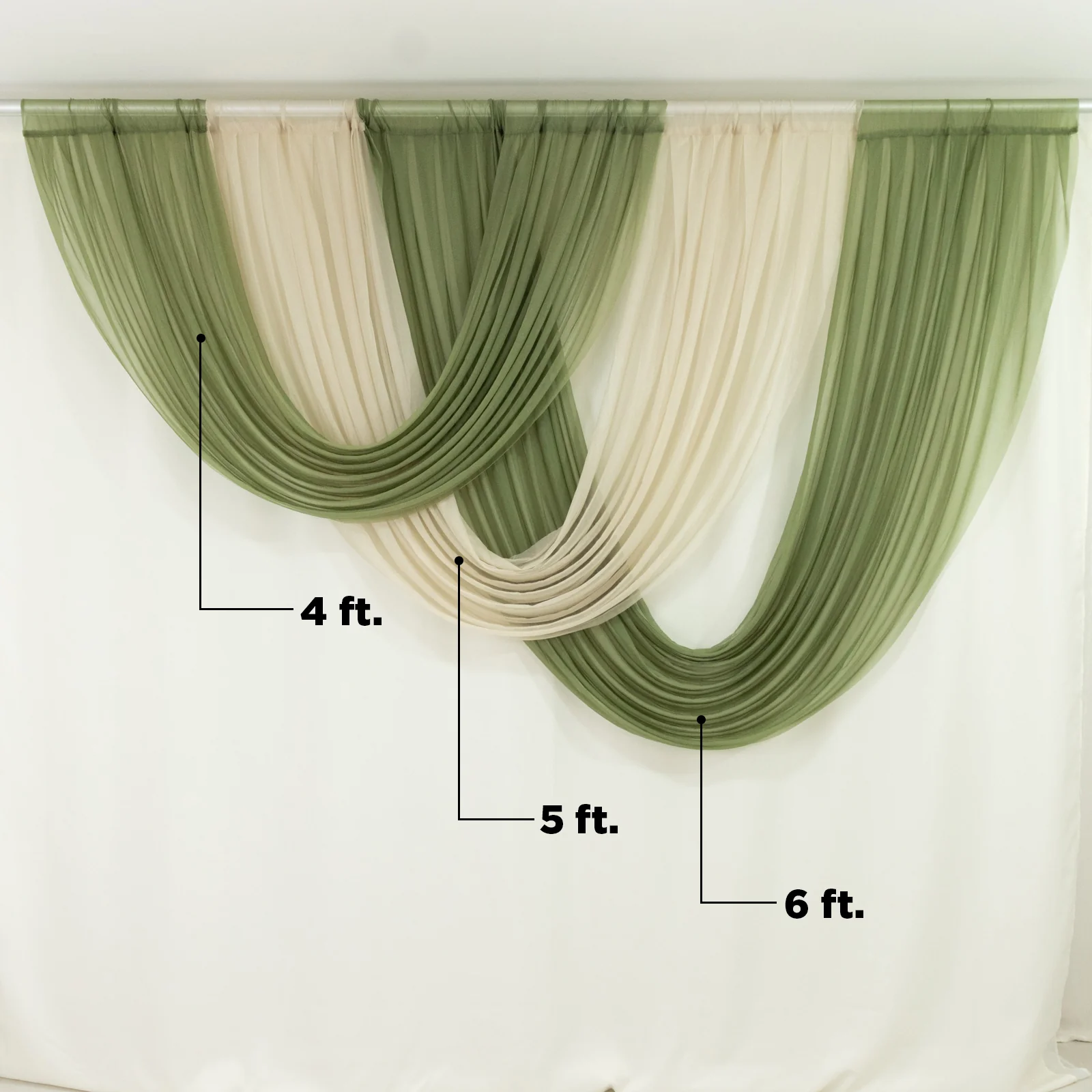 Sheer Chiffon Backdrop Valance Drapes – 4ft x 4ft Dusty Sage Green Curved Swag Topper Panel