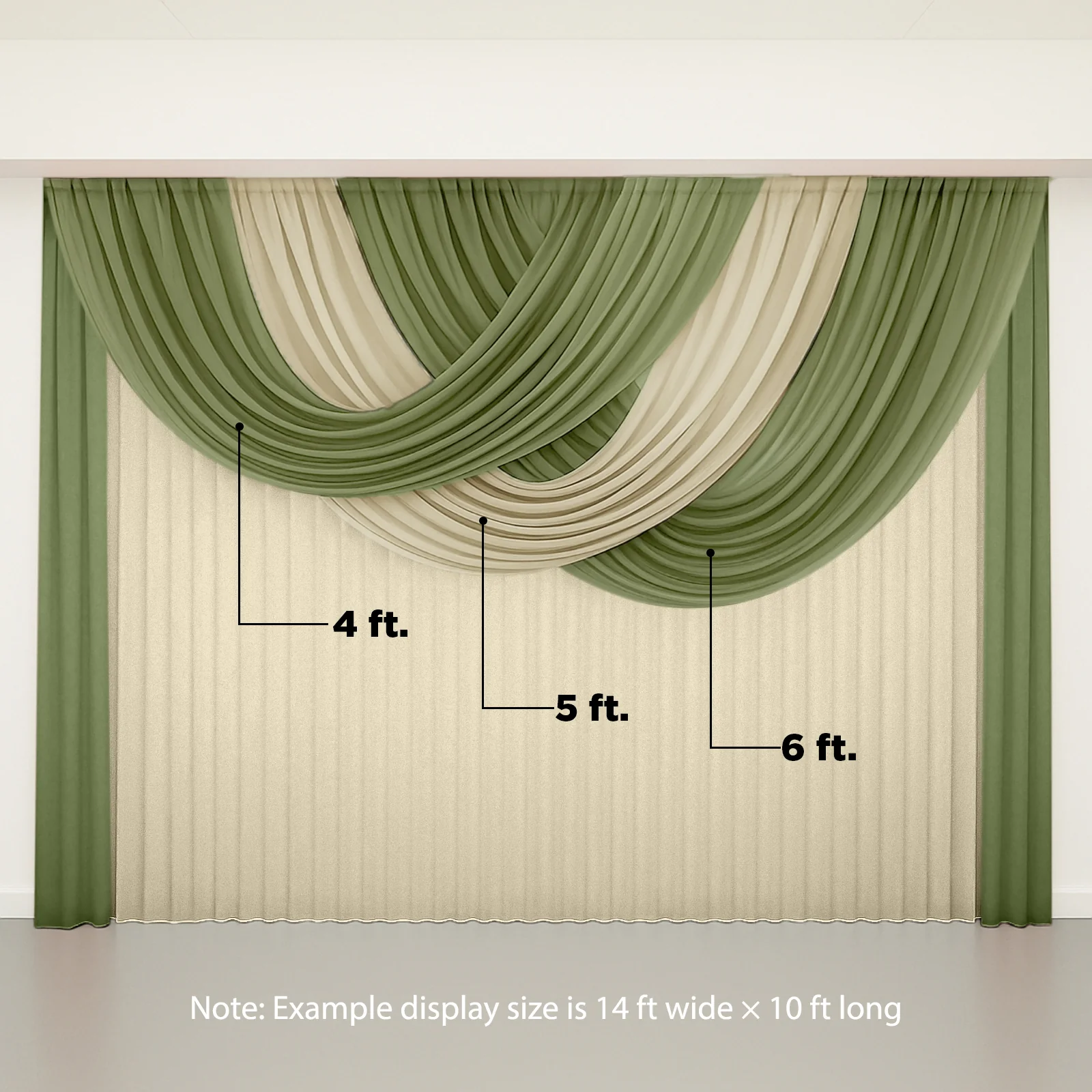 Sheer Chiffon Backdrop Valance Drapes – 4ft x 4ft Dusty Sage Green Curved Swag Topper Panel - Image 6