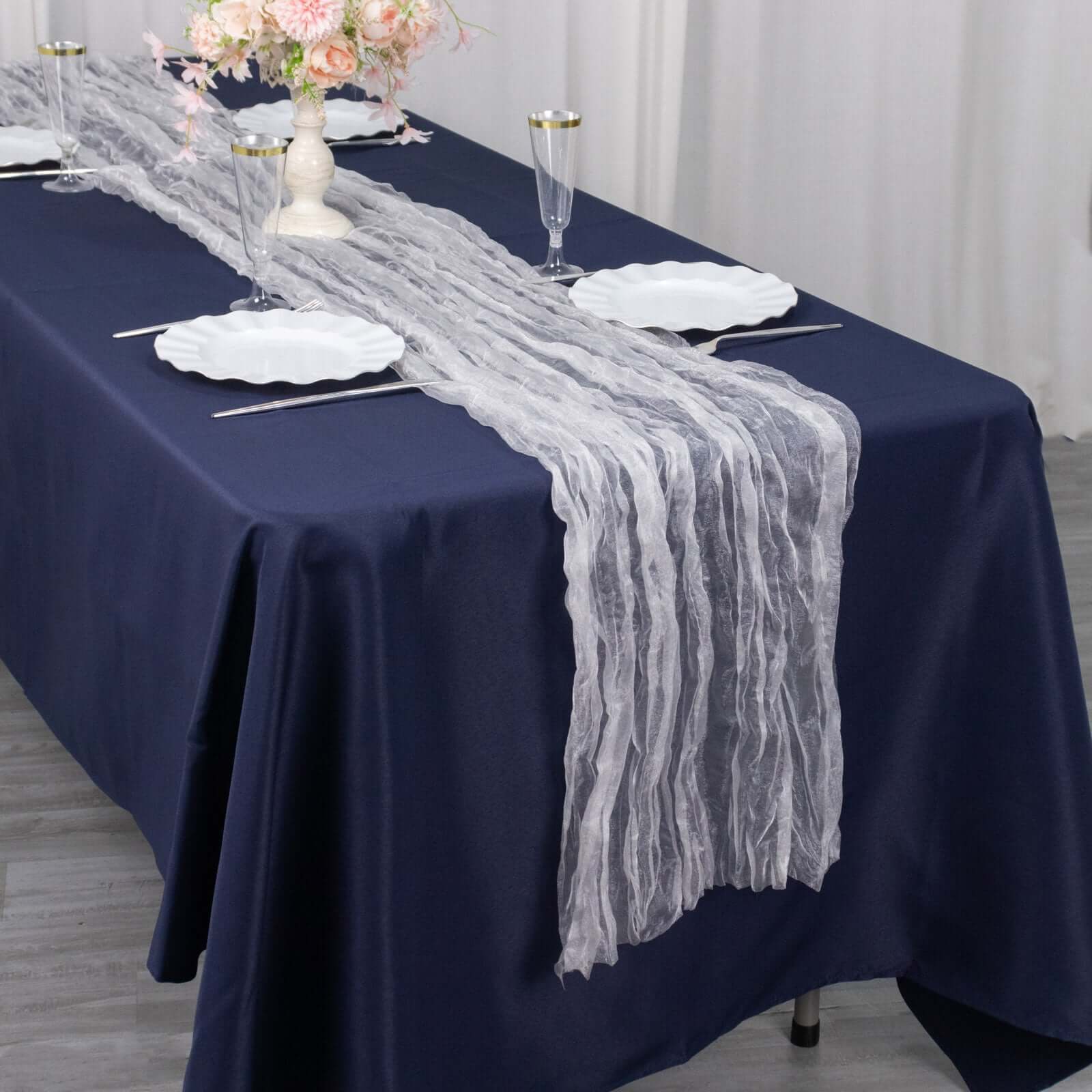 Sheer Crinkled Organza Table Runner 9ft White - Rustic Style Shimmer Chiffon Table Linen - Image 2