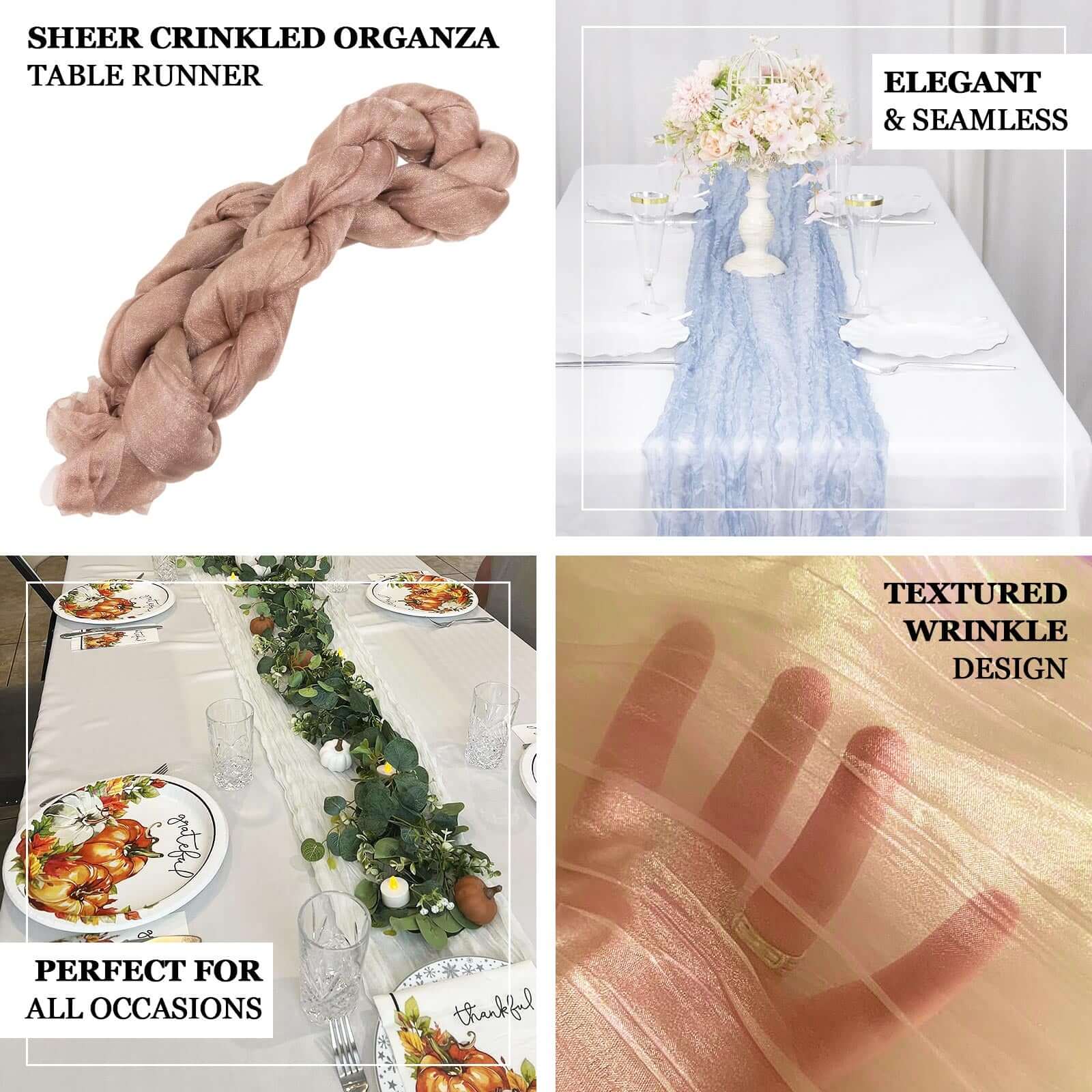 Sheer Crinkled Organza Table Runner 9ft White - Rustic Style Shimmer Chiffon Table Linen - Image 4