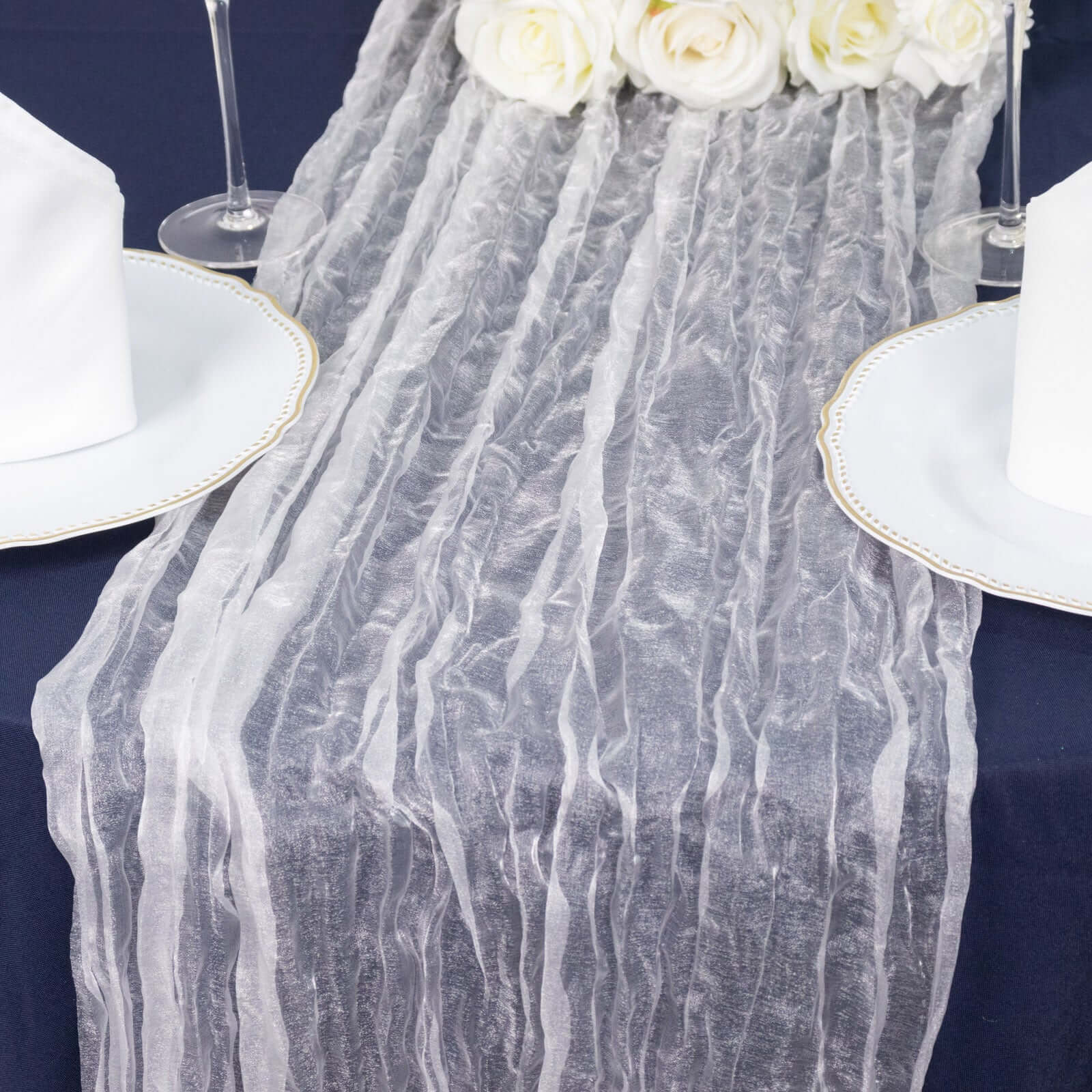 Sheer Crinkled Organza Table Runner 9ft White - Rustic Style Shimmer Chiffon Table Linen - Image 6