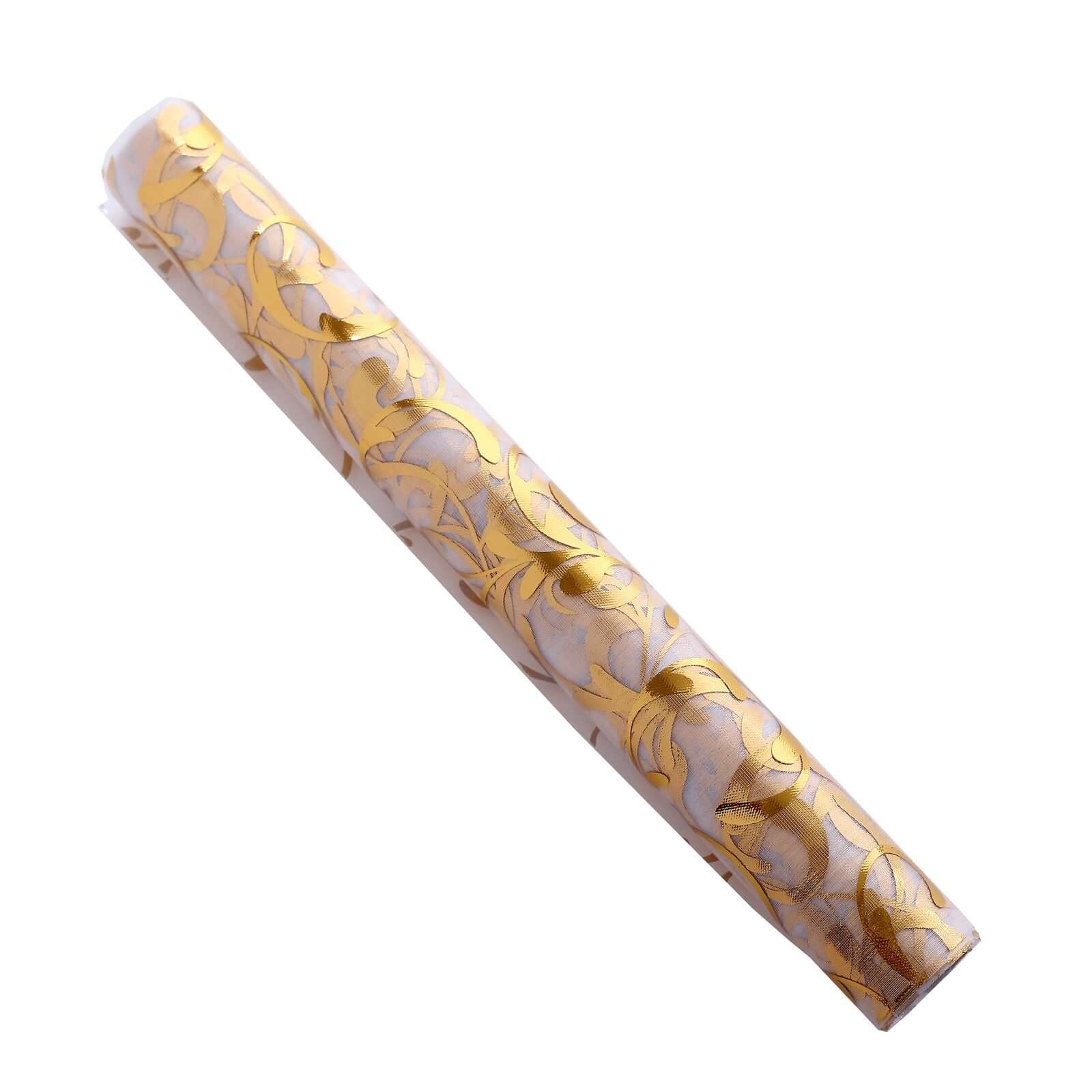 Sheer Organza Table Runner Roll 12"x108" Metallic Gold Foil Embossed Floral Design - Stylish Disposable Event Decoration - Image 3