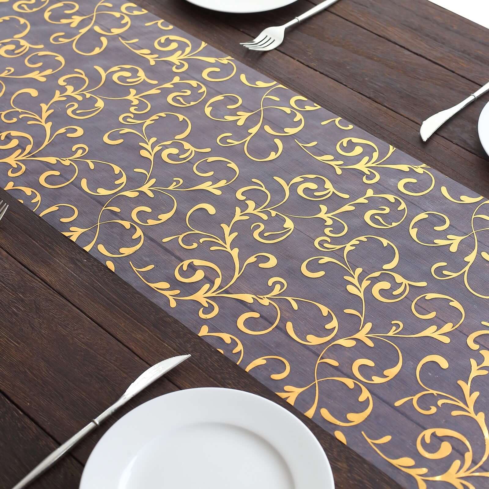 Sheer Organza Table Runner Roll 12"x108" Metallic Gold Foil Embossed Floral Design - Stylish Disposable Event Decoration - Image 4