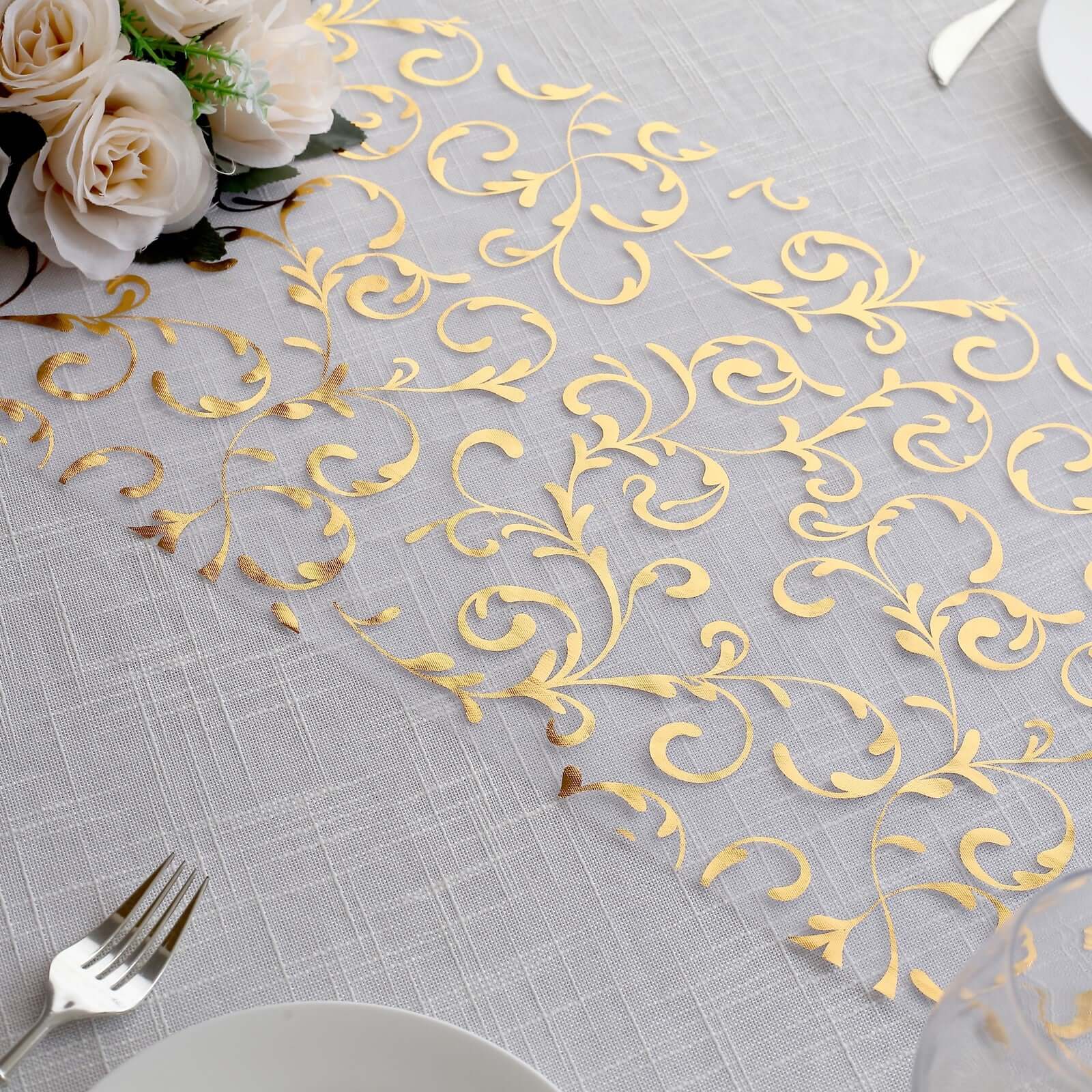 Sheer Organza Table Runner Roll 12"x108" Metallic Gold Foil Embossed Floral Design - Stylish Disposable Event Decoration - Image 5